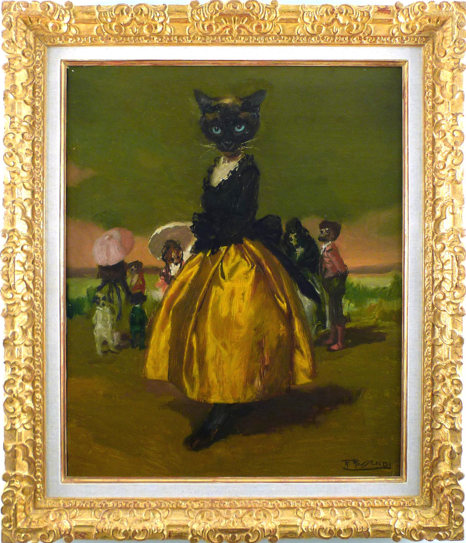Baldomero Ressendi Animal Painting - "Maja", 20th C. Oil on Canvas, Spanish Costume Dressed Up Female Cat            