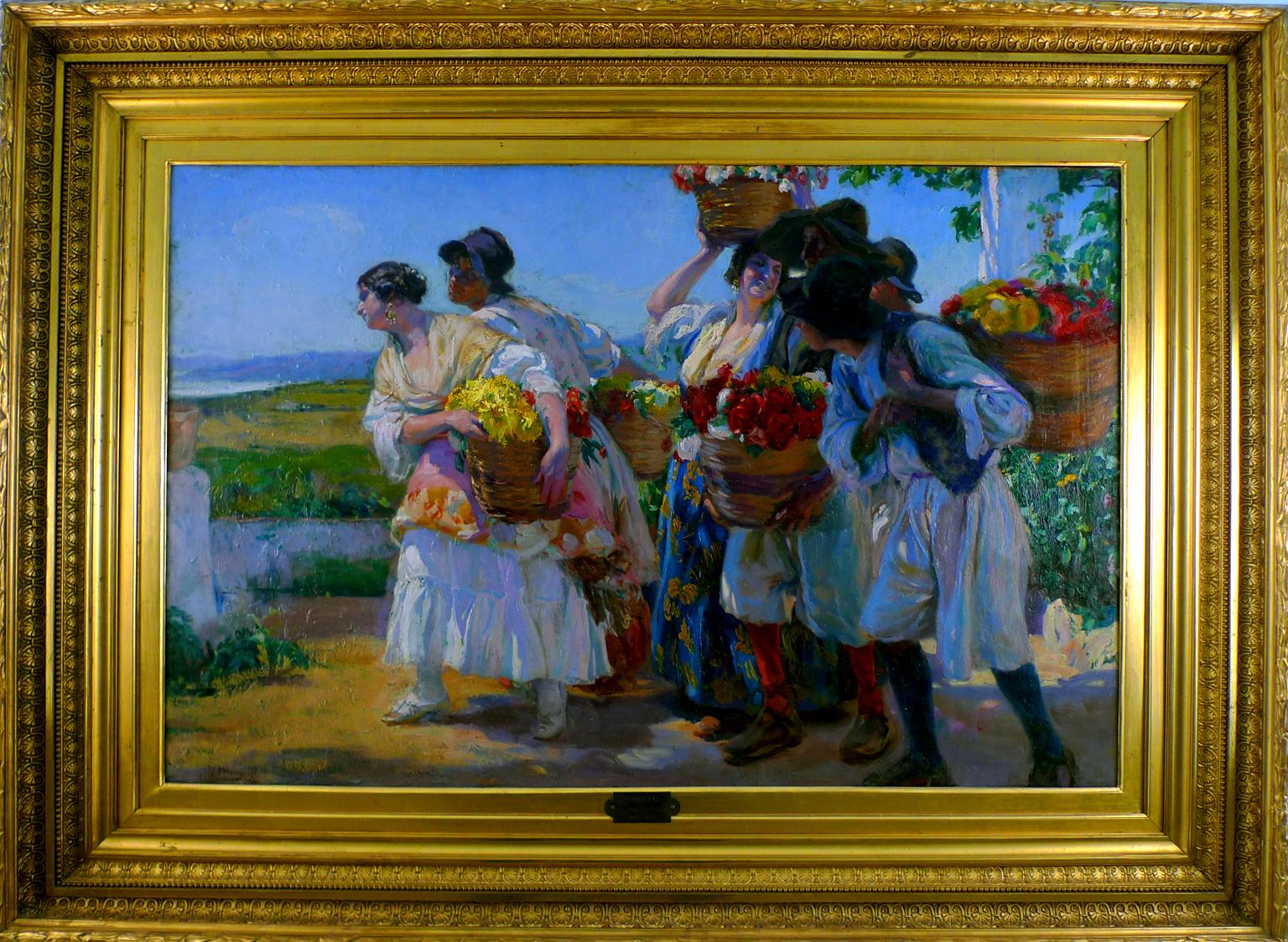 "Valencian Flower Pickers ", Early 20th Century Oil on Canvas by José Mongrell