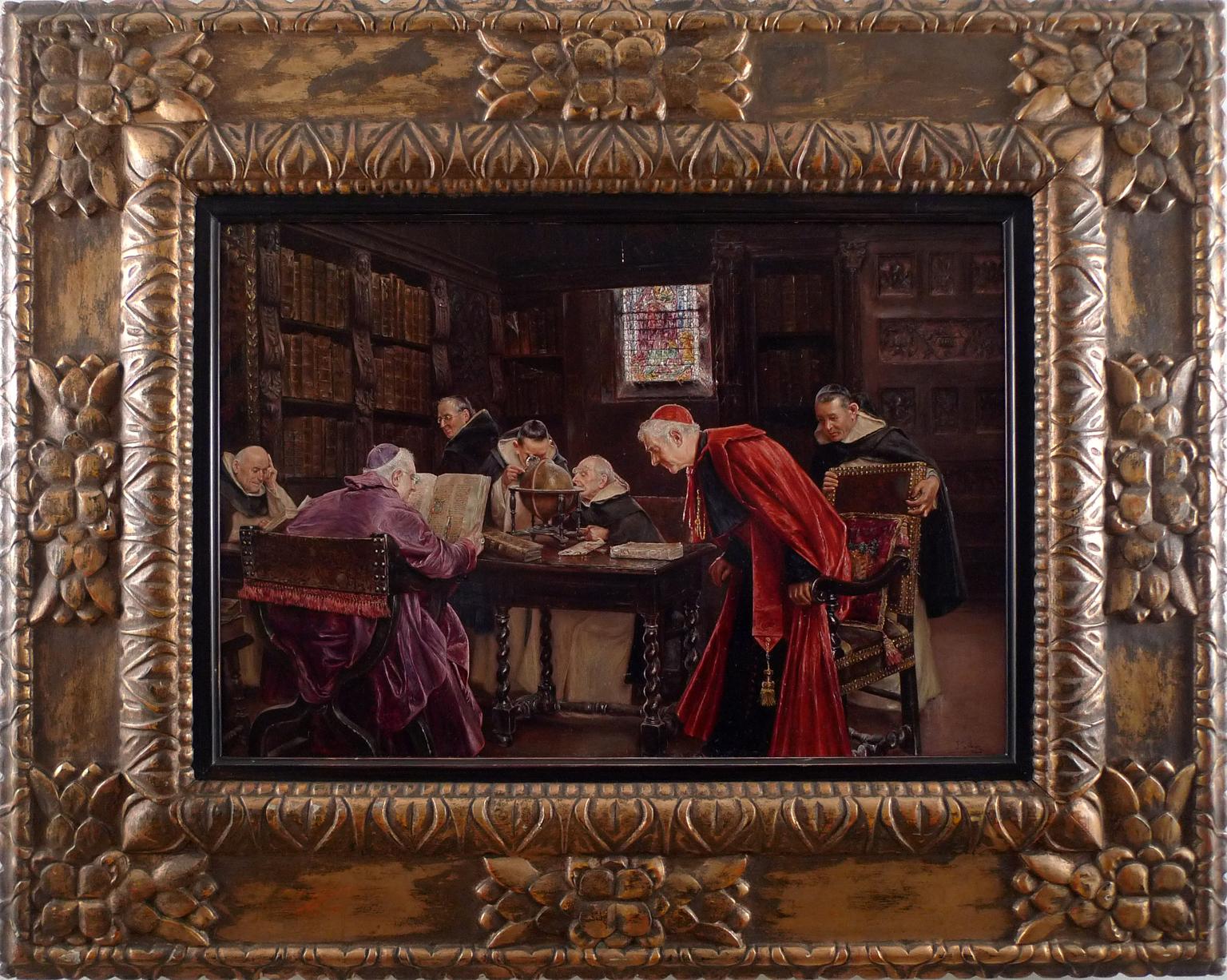 José Gallegos y Arnosa Figurative Painting - "Clerics in the Library", 19th Century Oil on Wood Panel by José Gallegos Arnosa