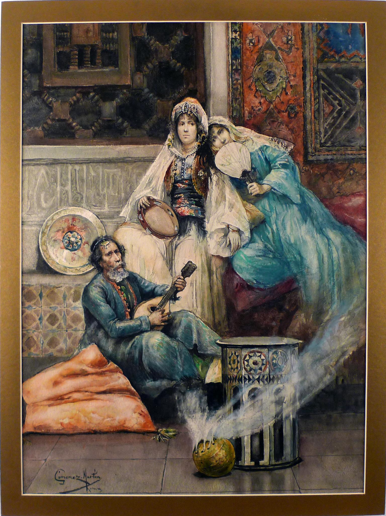 Figurative Painting Juan Giménez Martín  - « The Mandolin Serenade », aquarelle sur carton du XIXe siècle de Gimnez Martn