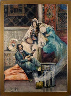 Antique "The Mandolin Serenade", 19th Century Watercolour on Cardboard by Giménez Martín