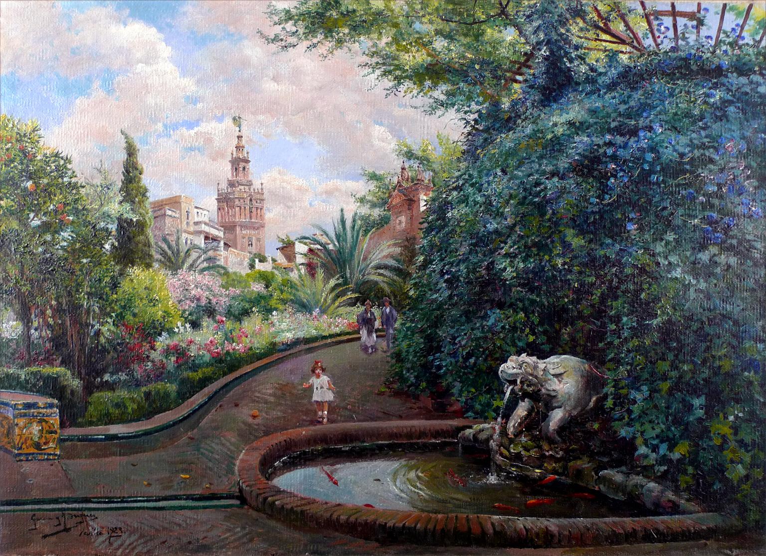 "Die Gärten von Sevilla", frühes 20. Jahrhundert Öl auf Leinwand von Manuel García y Rodríguez