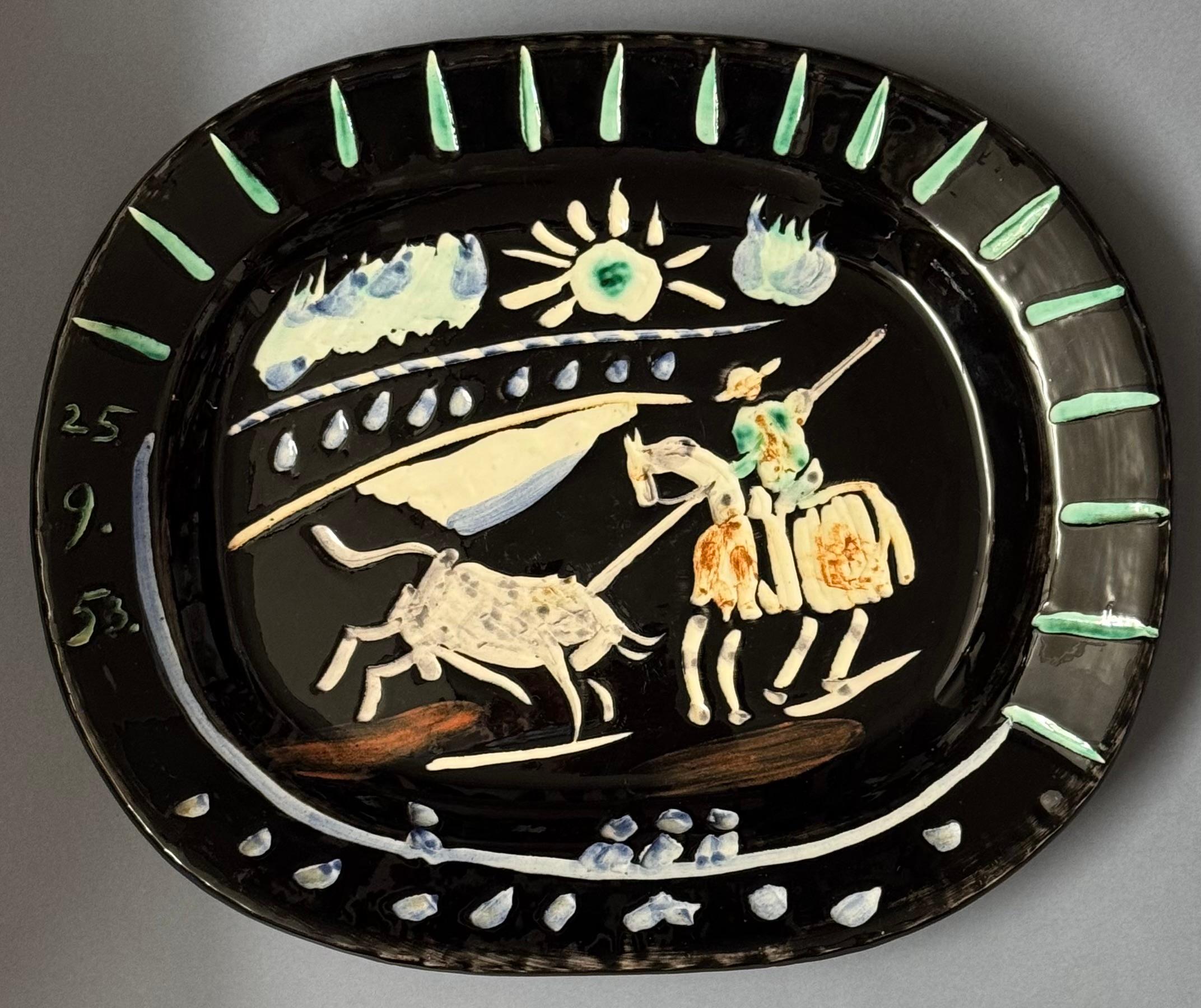 PABLO PICASSO (1881-1973)
"Corrida soleil" (A.R. 199)
dated "25.9.53." (middle left); stamped, marked and numbered “Madoura Plein Feu / Edition Picasso / Edition Picasso / Madoura / 92/100” (on the reverse)
ceramic
Length: 14-3/8 inches (36.5