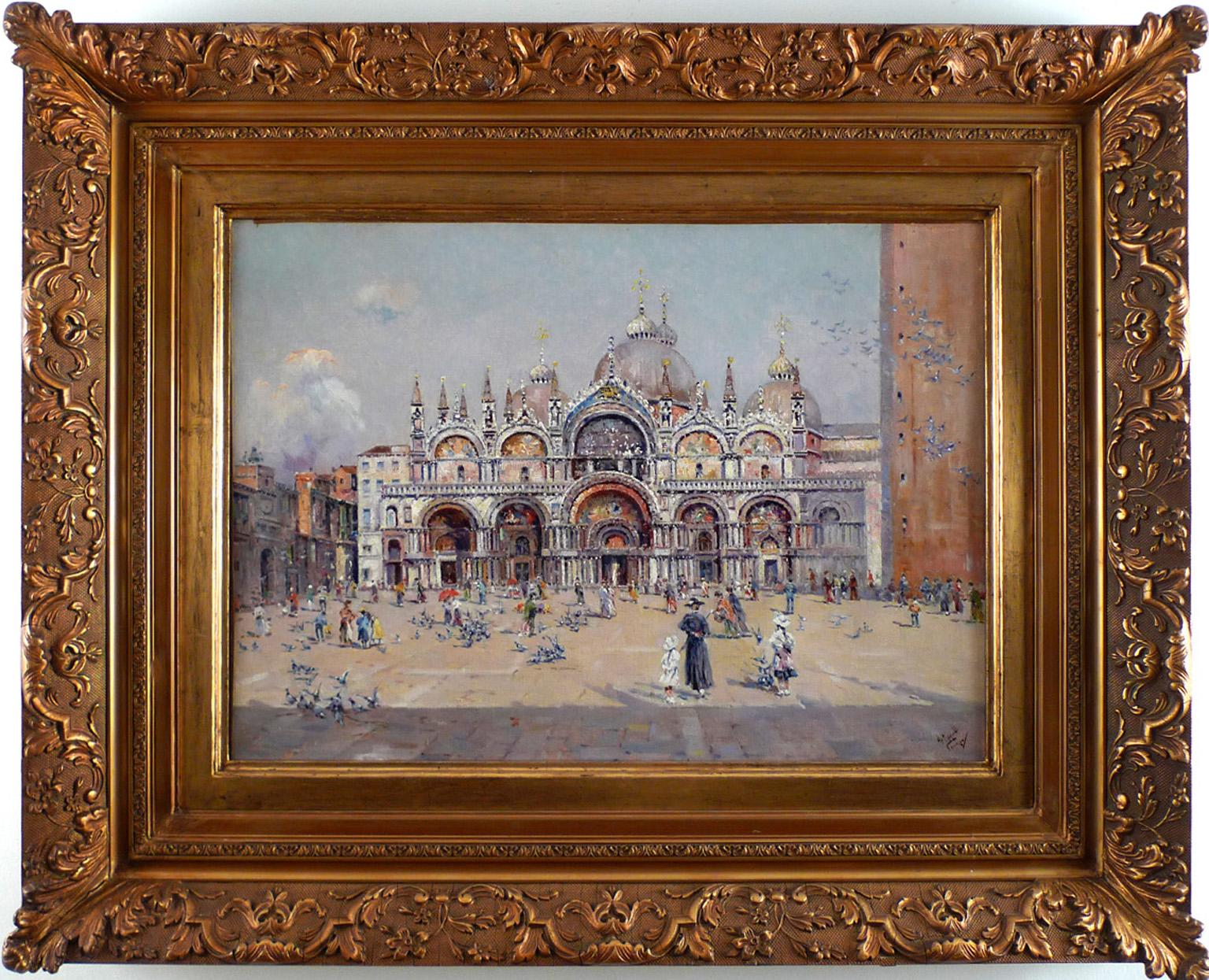 „Saint Marks Square“, Ölgemälde auf Leinwand von Antonio Reyna, Venedig, 19. Jahrhundert – Painting von Antonio Reyna Manescau