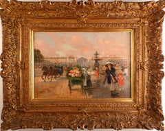 "Place de la Concorde", 19th Century oil on panel by Joaquín Pallarés Allustante