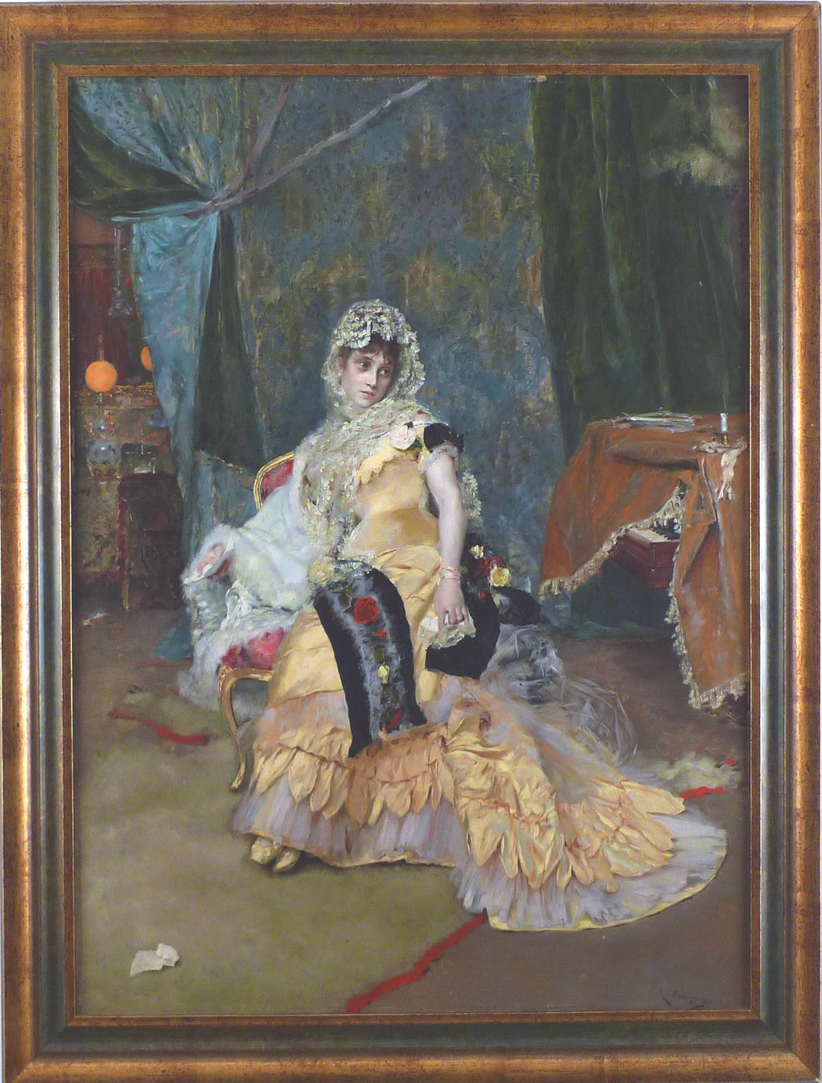 "Lady in jaune", huile sur panneau du XIXe siècle par Rogelio de Egusquiza y Barrena