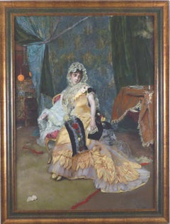 Antique "Lady in yellow", 19th Century oil on panel by Rogelio de Egusquiza y Barrena