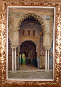 "Reales Alcázares de Sevilla" Gran óleo sobre lienzo del siglo XX de Liger Hidalgo