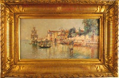 "Venetian scene", 19th Century oil on canvas laid on cardboard by Antonio Reyna