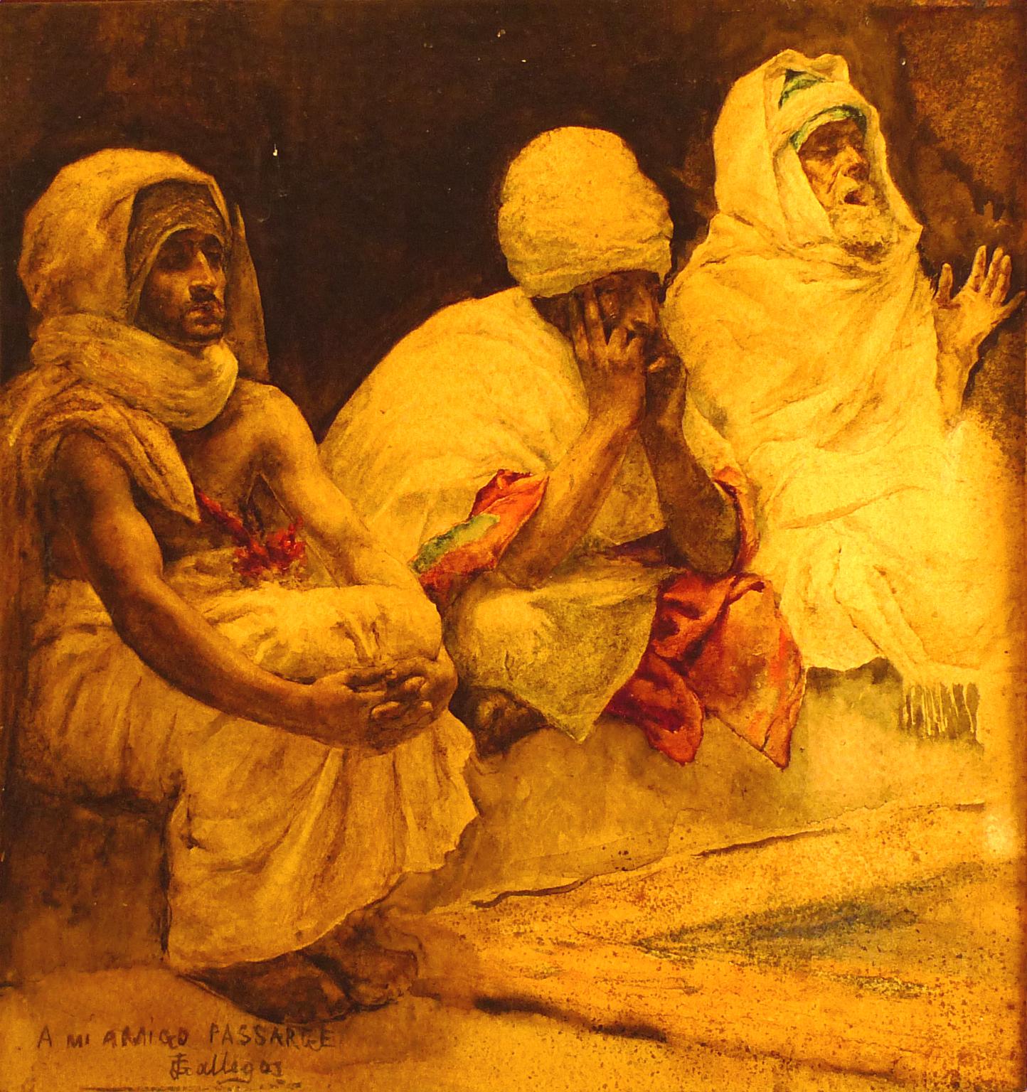 "The Prayer", 19th Century Watercolor of Three Men Praying by José Gallegos