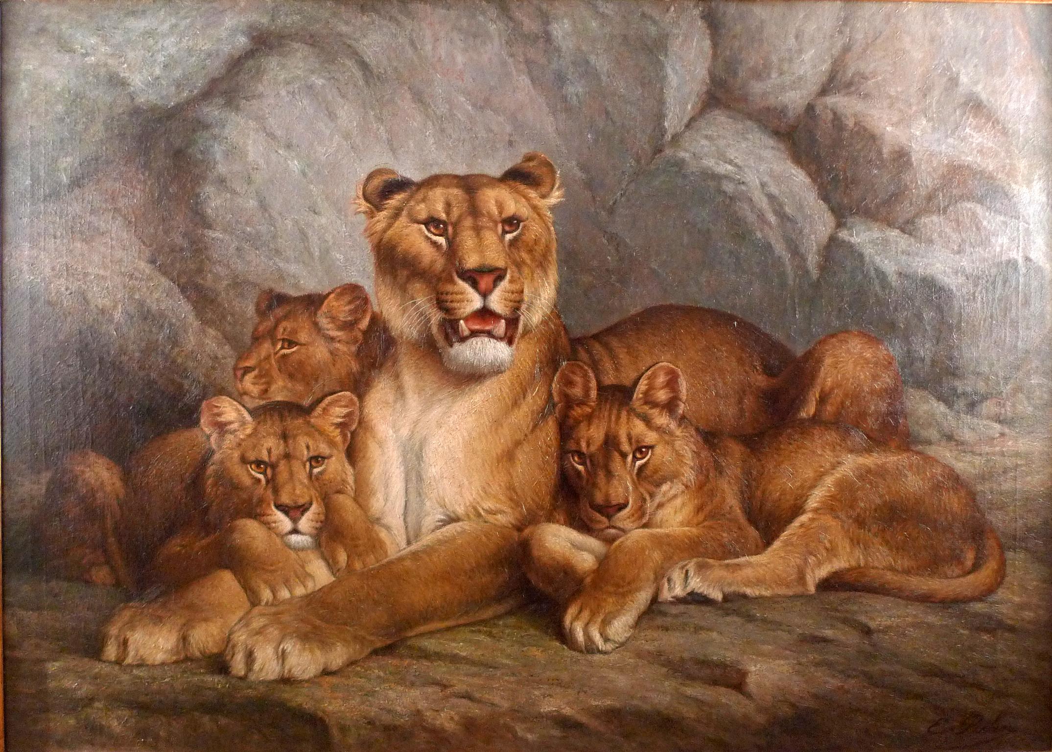 „Lioness and Cubs“, Öl auf Leinwand von der französischen Künstlerin Eugne Relin, 19. Jahrhundert – Painting von Pierre-Napoléon Eugène Relin