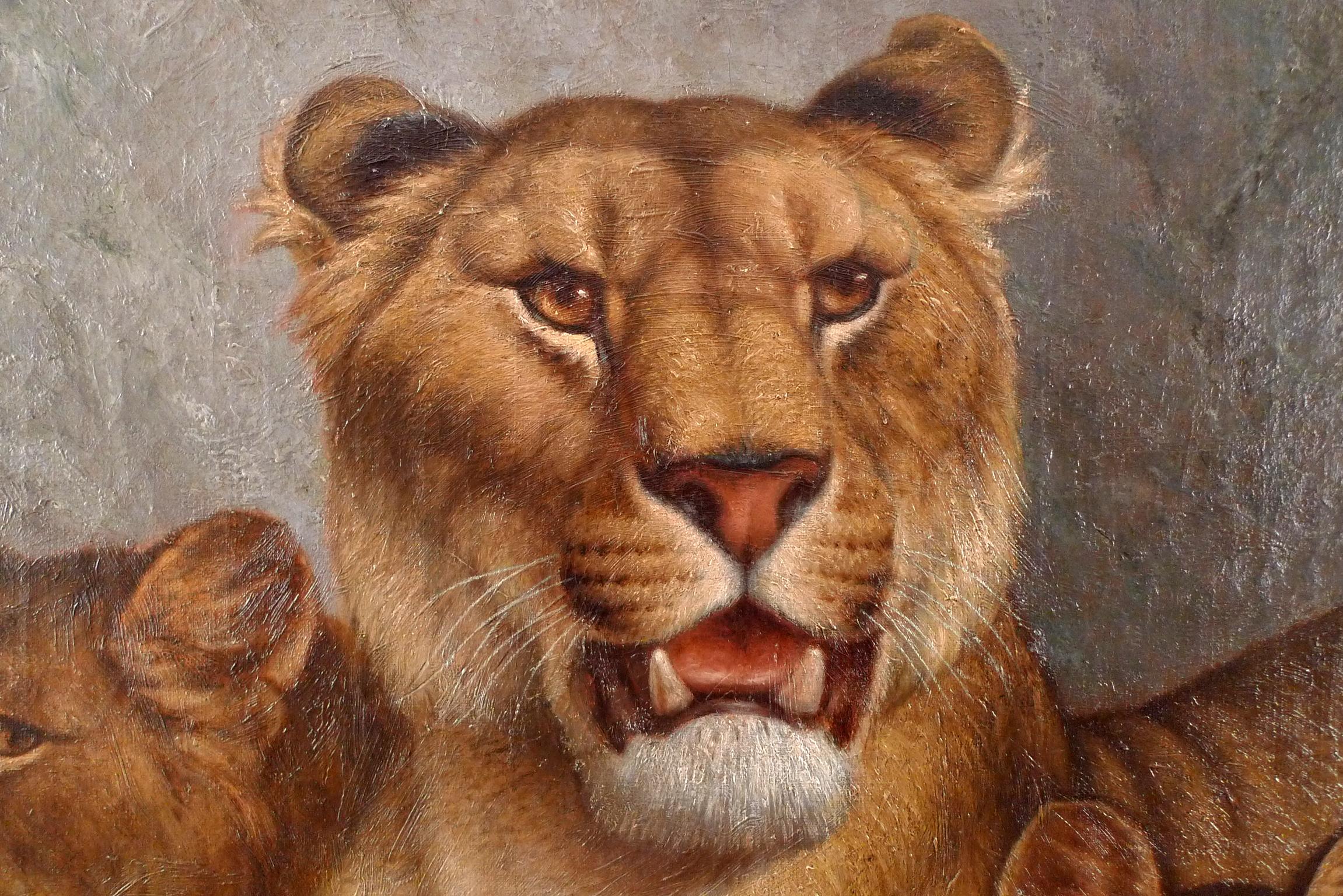„Lioness and Cubs“, Öl auf Leinwand von der französischen Künstlerin Eugne Relin, 19. Jahrhundert (Realismus), Painting, von Pierre-Napoléon Eugène Relin