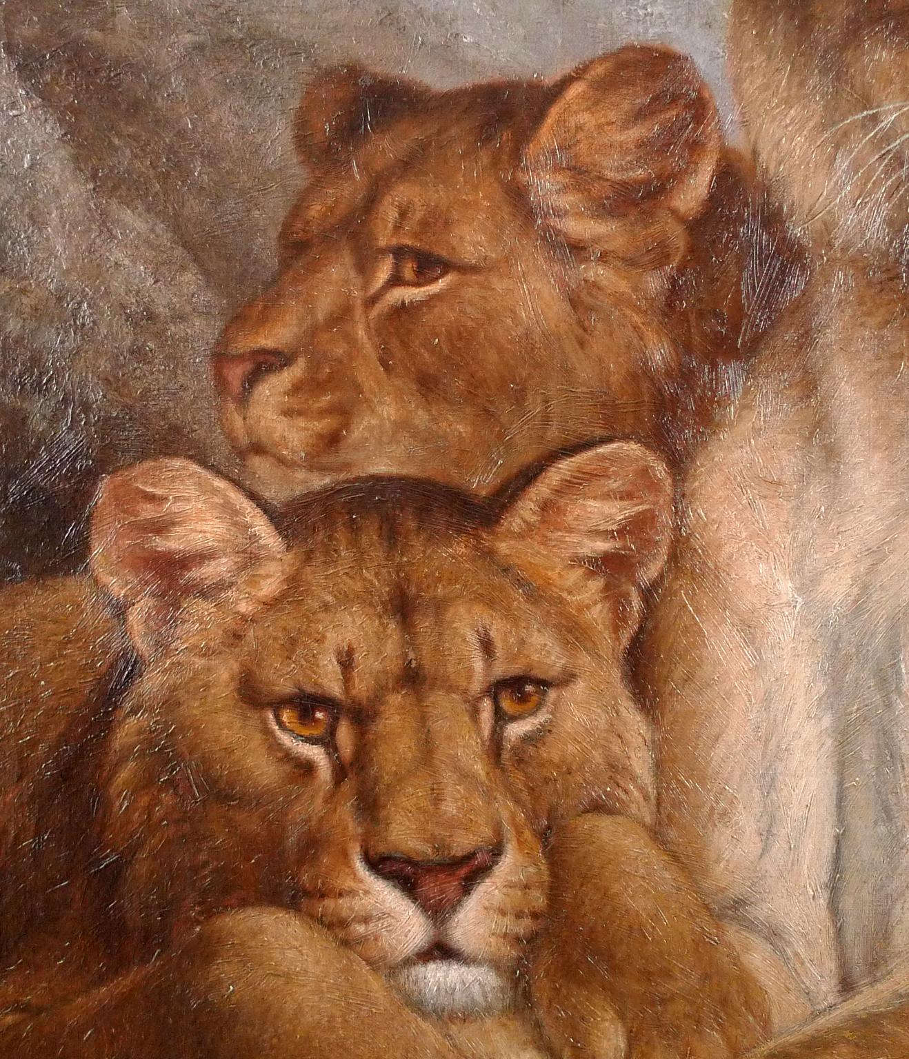 „Lioness and Cubs“, Öl auf Leinwand von der französischen Künstlerin Eugne Relin, 19. Jahrhundert (Braun), Animal Painting, von Pierre-Napoléon Eugène Relin