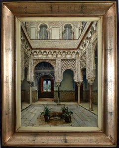 "Patio del Alcázar de Sevilla", 19th Century Oil on Canvas by M. López Cantero