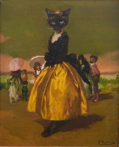"Maja", 20th C. Oil on Canvas, Spanish Costume Dressed Up Female Cat