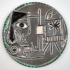 Vintage Jacqueline au Chevalet, 1956. Ceramic Dish Stamped Madoura Plein Feu by Picasso