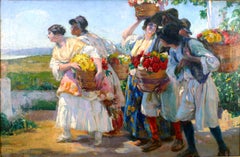 "Valencian Flower Pickers ", Early 20th Century Oil on Canvas by José Mongrell