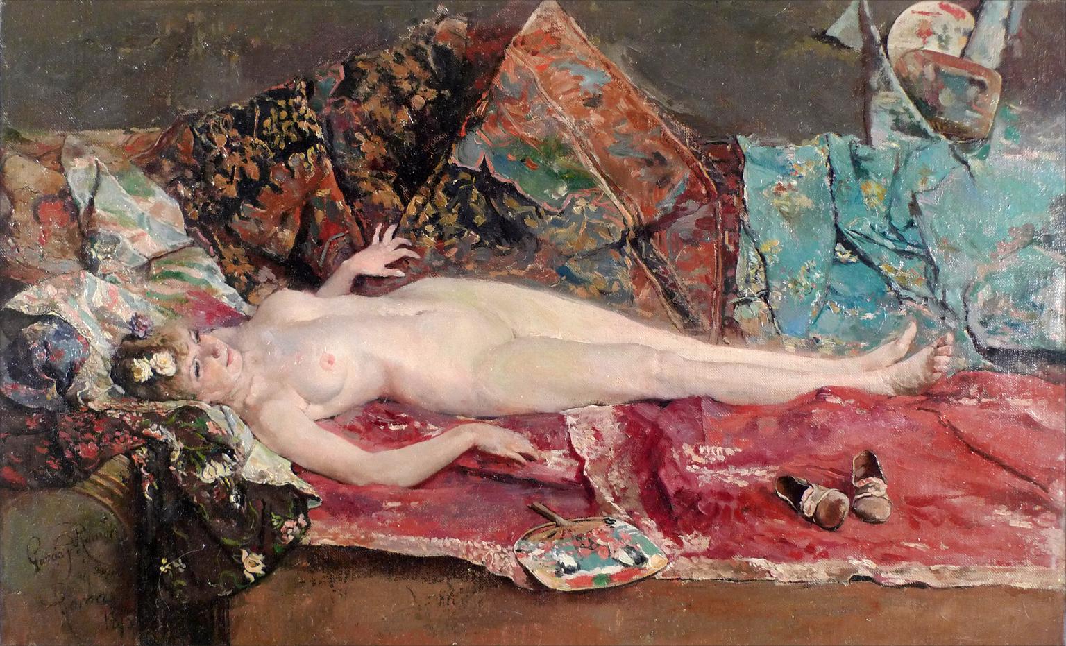 JOSÉ GARCÍA Y RAMOS
Español, ( 1852 - 1912 )
MUJER DESNUDA
firmado, localizado y fechado "García y Ramos, Roma 1875" (abajo a la izquierda)
óleo sobre lienzo
35 x 50 cm (13-4/5 x 19-7/10 pulgadas)
sin enmarcar

PROCEDENCIA
Subastas de Patrimonio