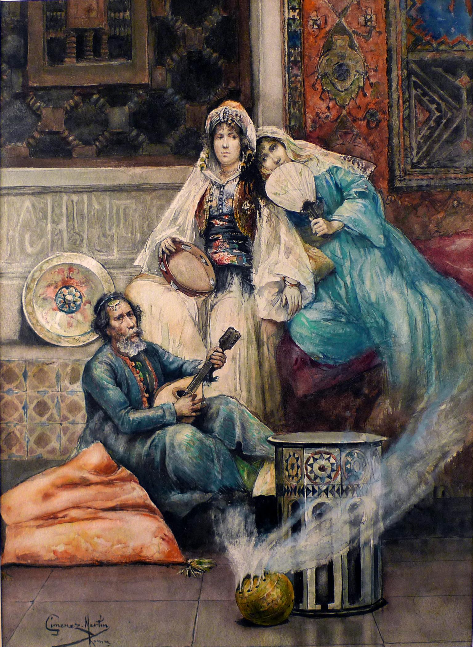 « The Mandolin Serenade », aquarelle sur carton du XIXe siècle de Gimnez Martn - Painting de Juan Giménez Martín 