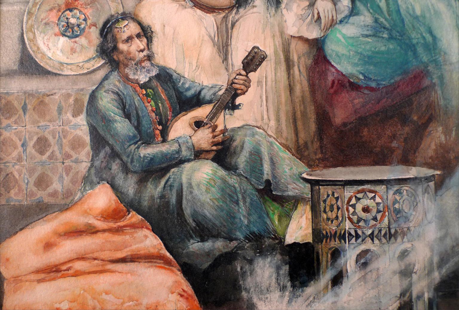 « The Mandolin Serenade », aquarelle sur carton du XIXe siècle de Gimnez Martn - Noir Figurative Painting par Juan Giménez Martín 