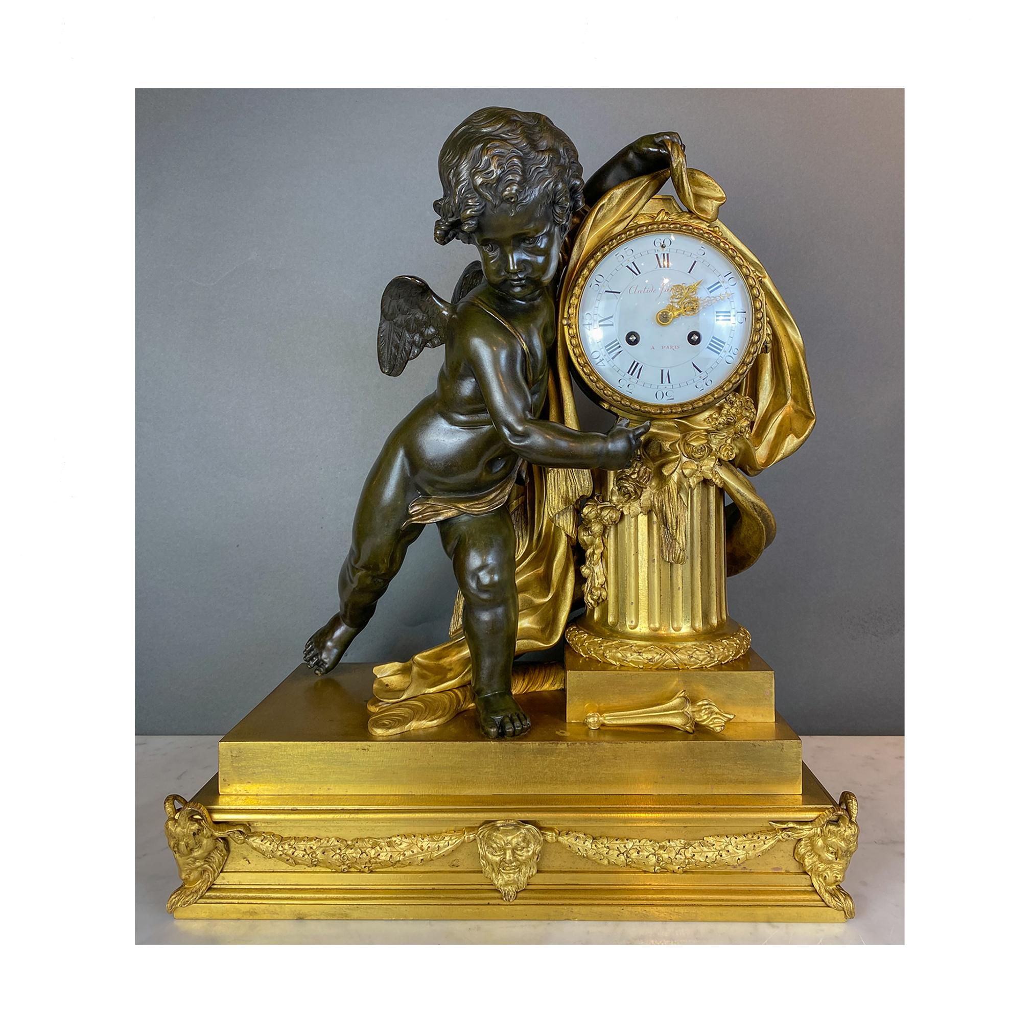 Pendule de cheminée en bronze doré et patiné avec putti par A Paris  - Art de Antide Janvier