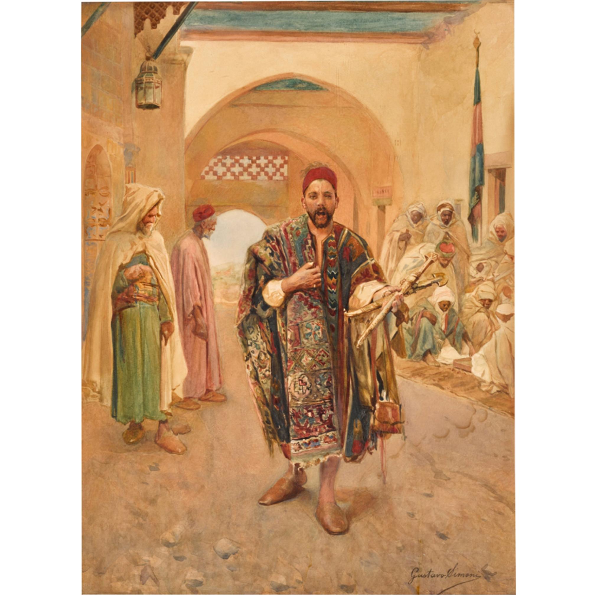 The Merchant Abundant Orientalist Watercolor Painting by Gustavo Simoni 