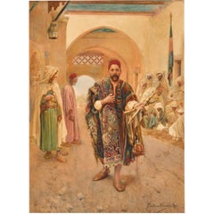 Antique The Merchant Abundant Orientalist Watercolor Painting by Gustavo Simoni 