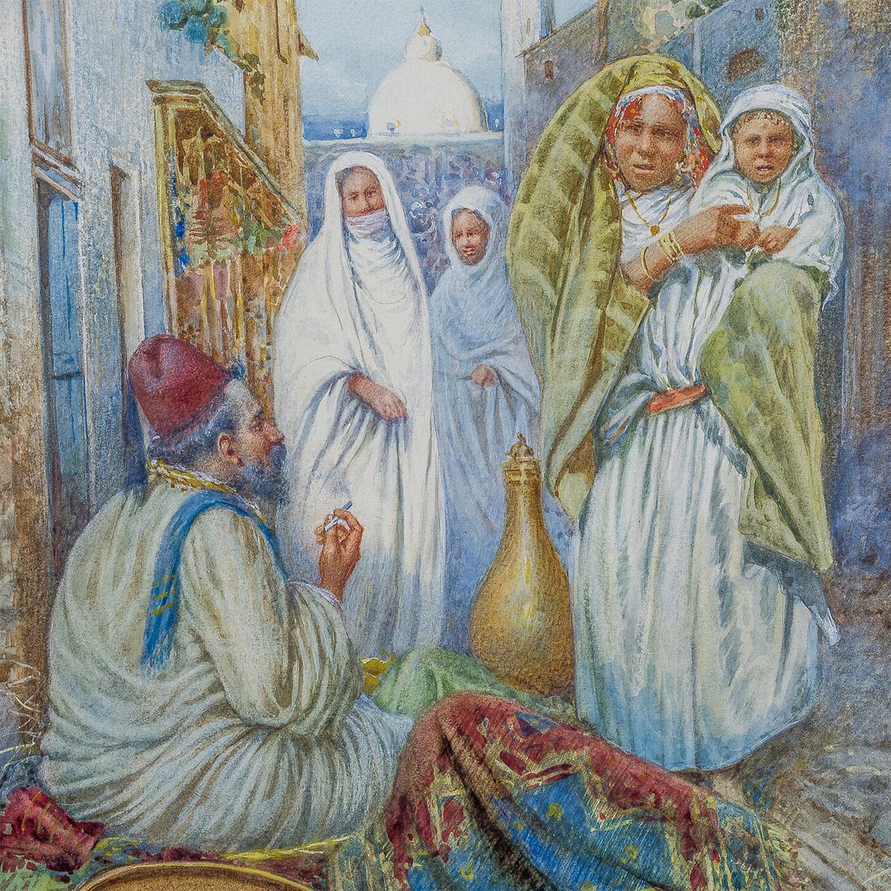 The Carpet Seller depicts a man in a domed Fez hat as he is approached by three women and a child. Middle eastern architecture floods the scene. The way the paint is applied creates texture and movement unlike most watercolor pieces . 

Artist: