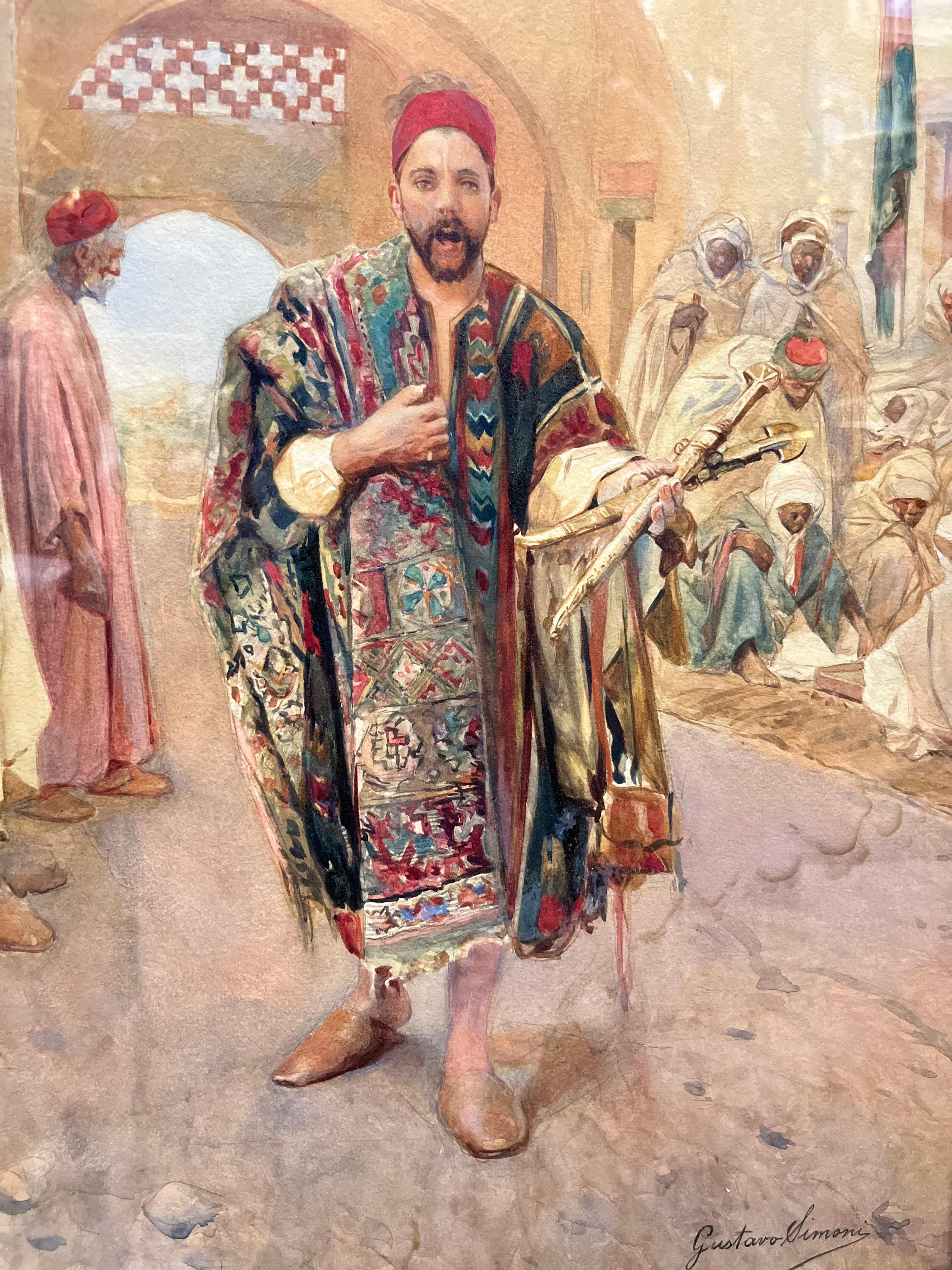 The Merchant Abundant Orientalist Watercolor Painting by Gustavo Simoni  For Sale 1