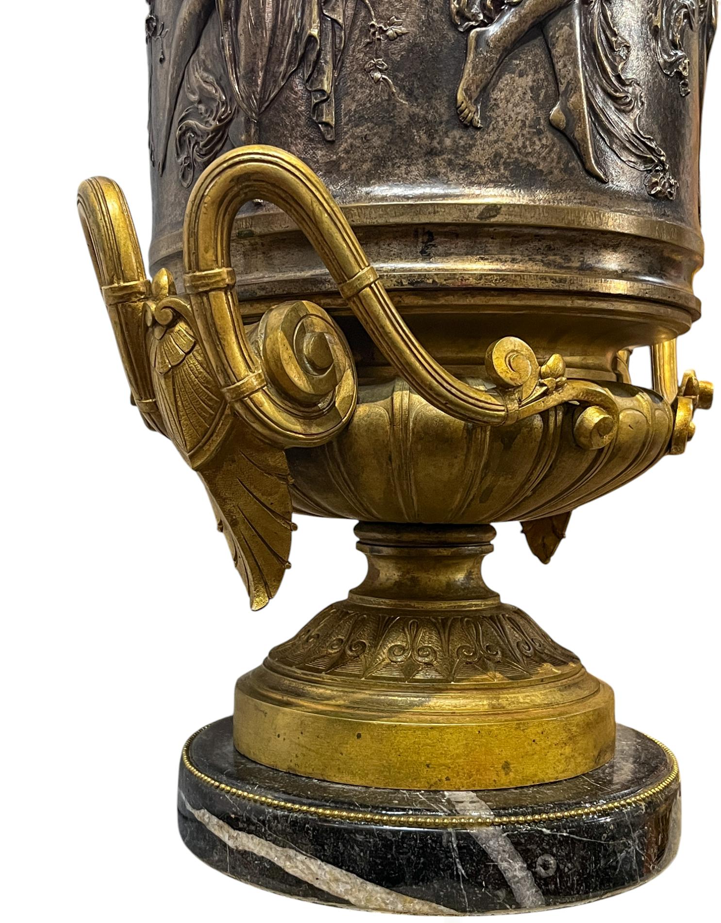 Large Neoclassical French Gilt and Silvered Bronze Vase For Sale 1