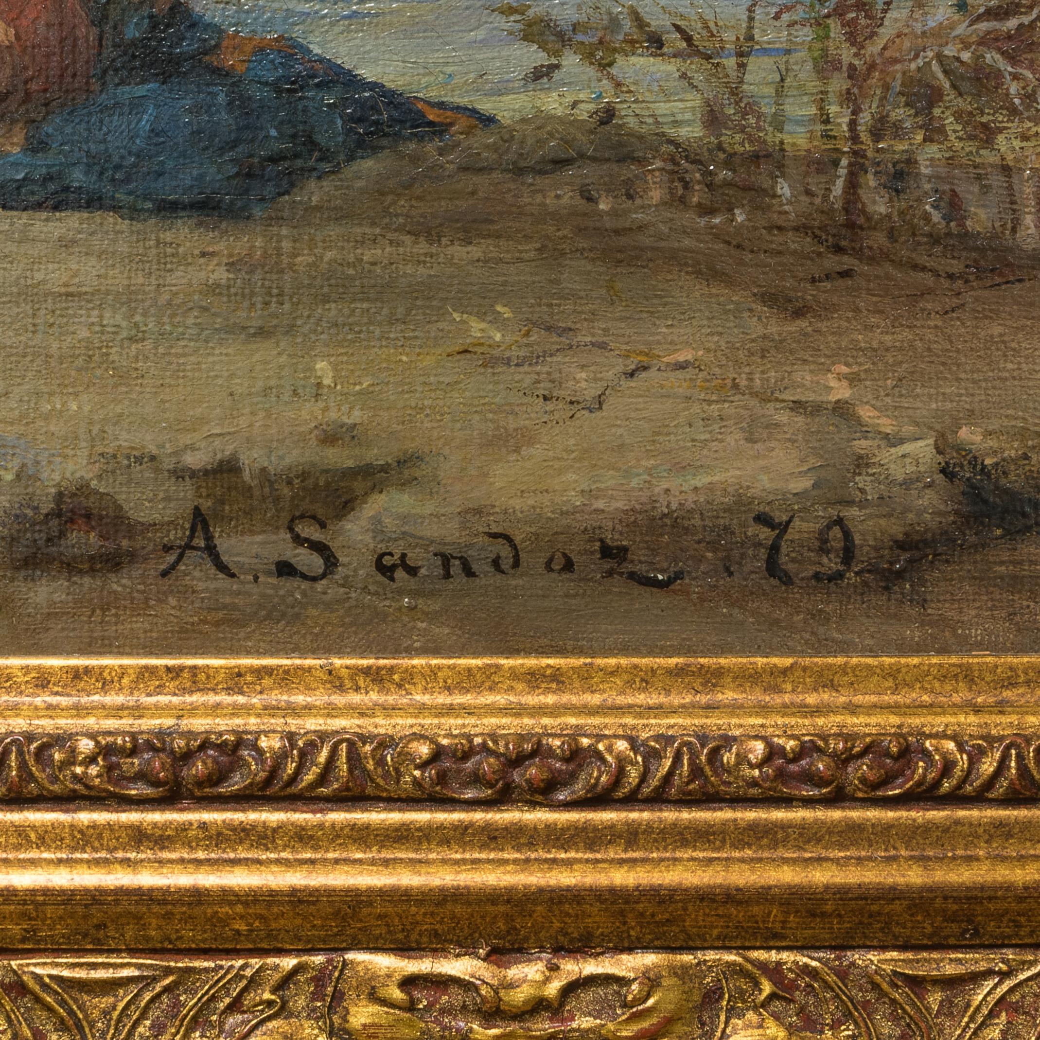 ADOLF KAROL SANDOZ
Polish, b. circa 1845

At the Oasis

Signed 'A. Sandoz .79'  

Oil on canvas
16 1/4 x 24 1/4 inches 