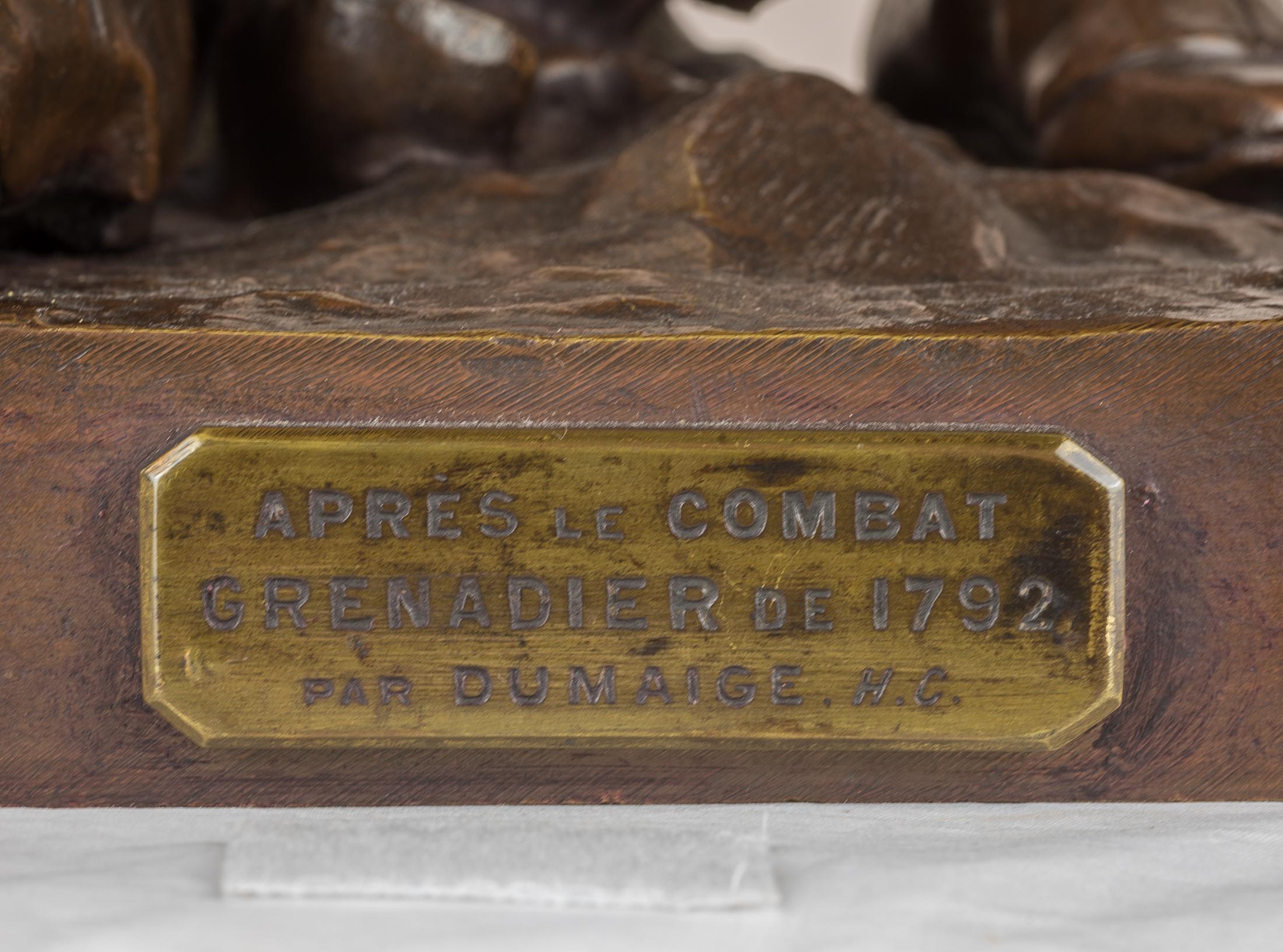 ÉTIENNE-HENRI DUMAIGE  
French, (1830-1888)

Avant Le Combat, Apres Le Combat

Pair of patinated bronze; signed 'H. Dumaige' and titled ‘AVANT LE COMBAT, APRÈS LE COMBAT, GRENADIER DE, 1792’ 
25 1/2 x 12 x 11 1/2 inches 