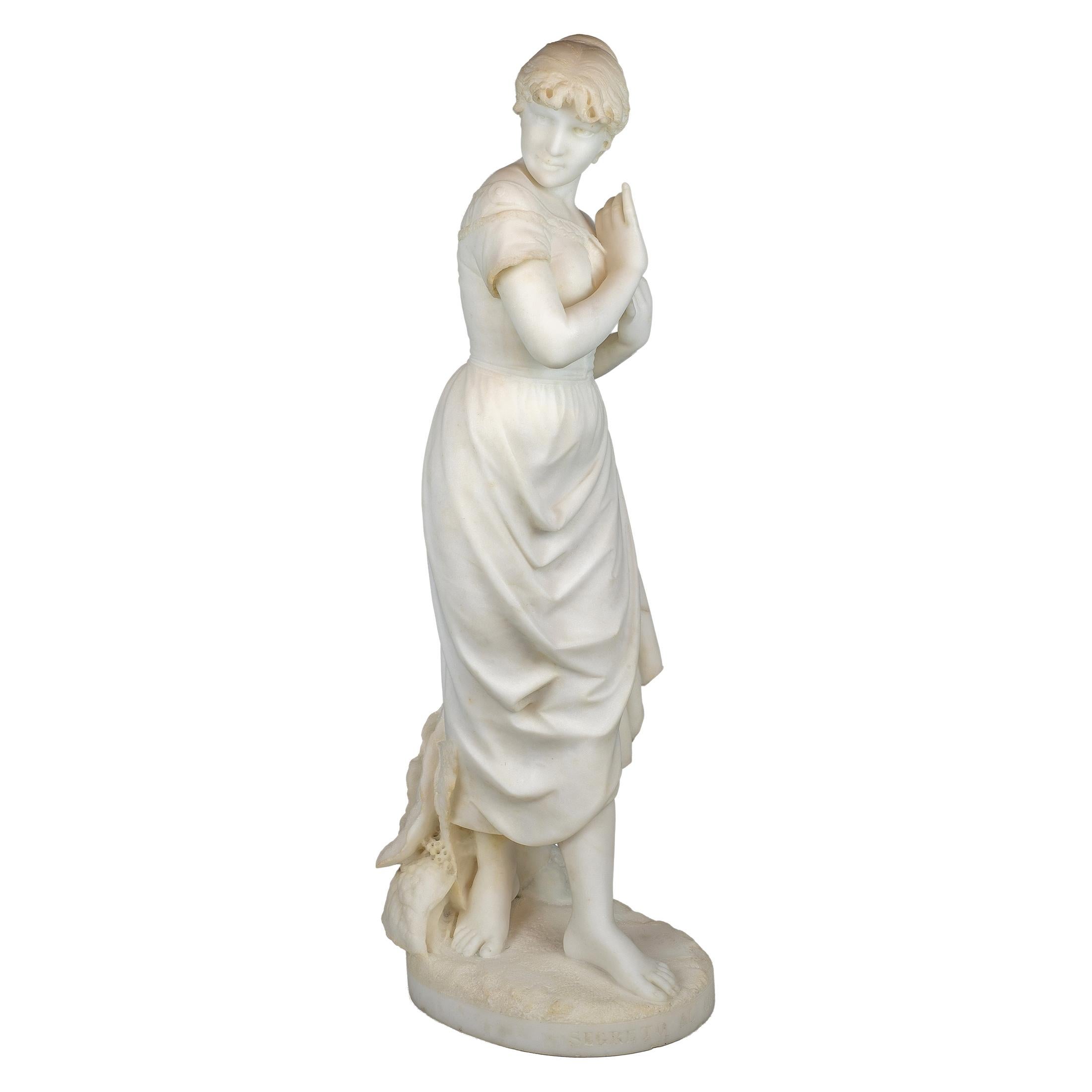 CESARE LAPINI 
Italiano, (1848-1893)

Segreto Al Cuore   
    
Firmado Prop ta Fratelli; Lapini; Firenze  
29 1/4 x 8 x 11 pulgadas

Notas:
Escultura de mármol blanco de gran calidad de una joven doncella titulada "Segreto al cuore". Firmado Prop ta