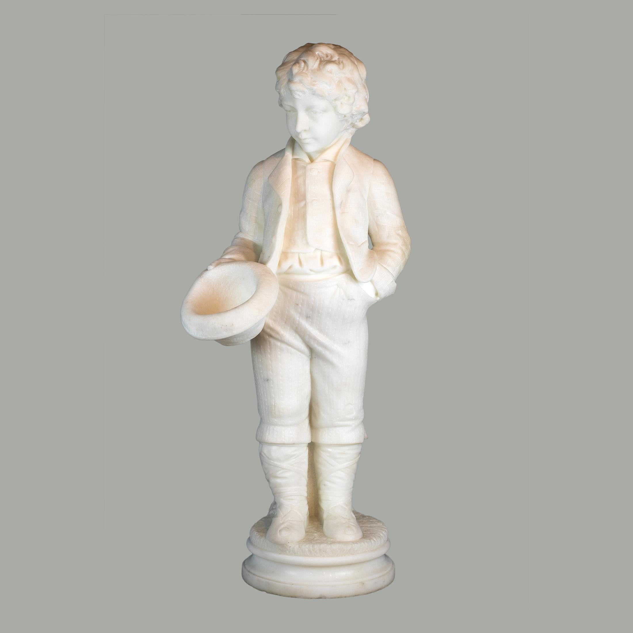 ANTONIO PIAZZA
Italian, (Late 19th/Early 20th Century)

signed 'A. Piazza Carrara'  
33 1/2 x 14 in. x 13 in.


Notes: A Fine Italian Carrara Marble Figure of a Boy Holding a Hat