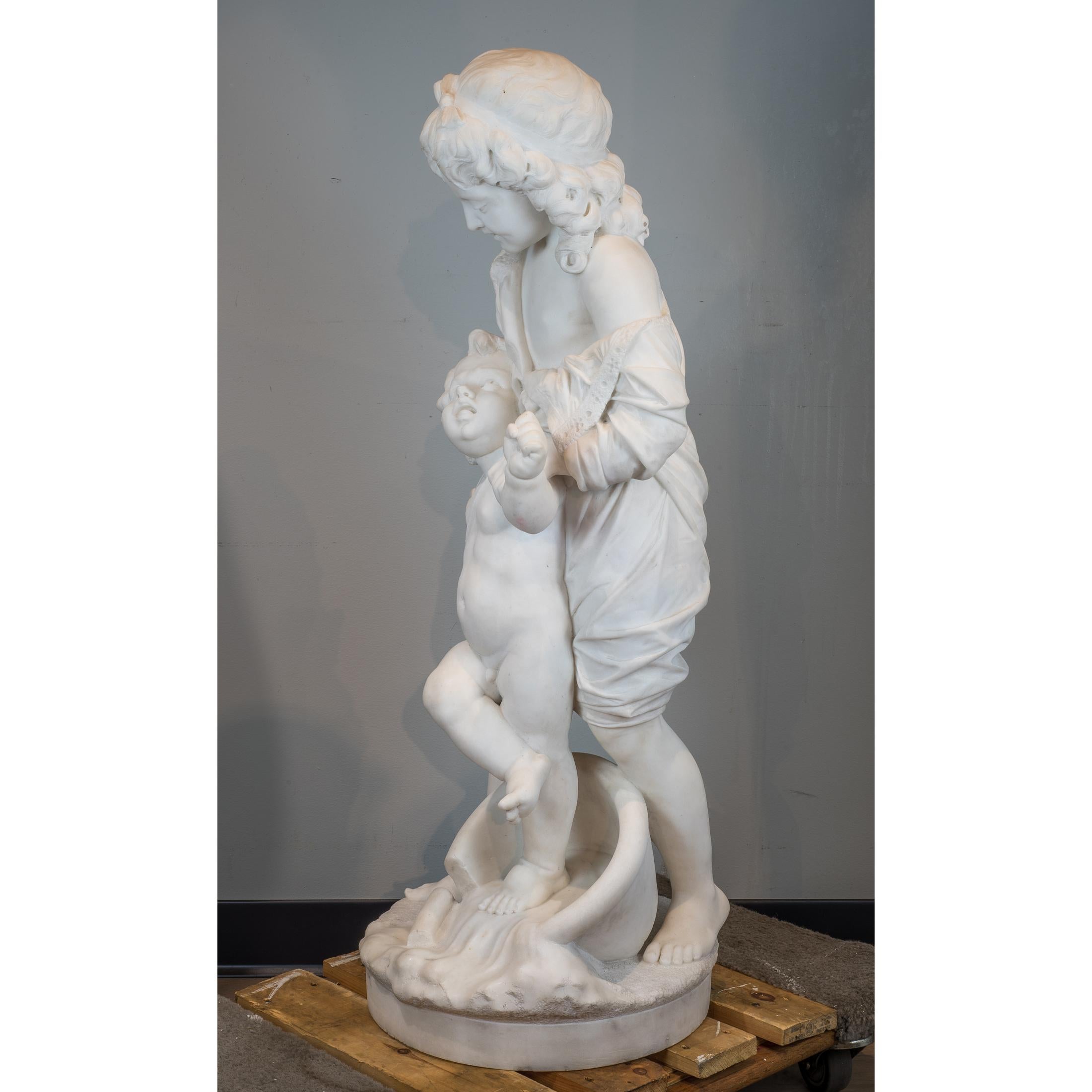 Italian Marble Sculpture Statue of Young Children by Paolo Folchi  For Sale 1