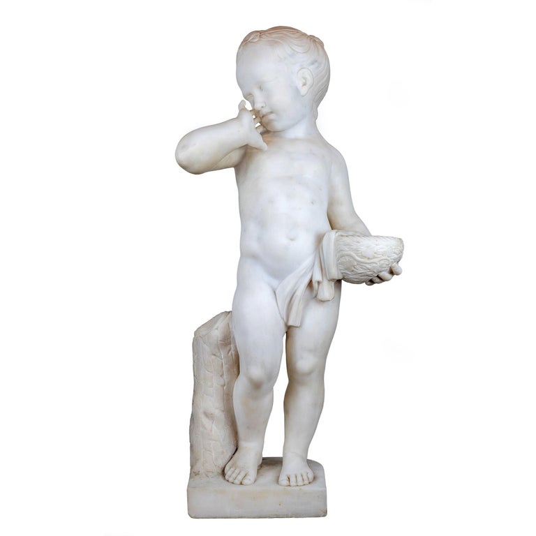 Aristide Petrilli Figurative Sculpture - Italian Marble Sculpture Statue of a Boy Holding a Nest