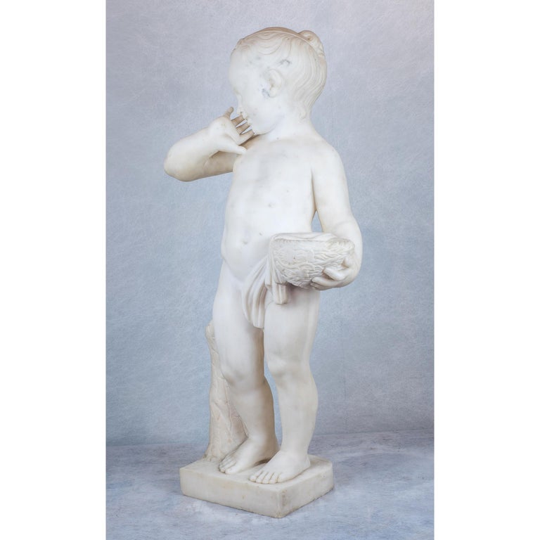 Italian Marble Sculpture Statue of a Boy Holding a Nest - Gray Figurative Sculpture by Aristide Petrilli