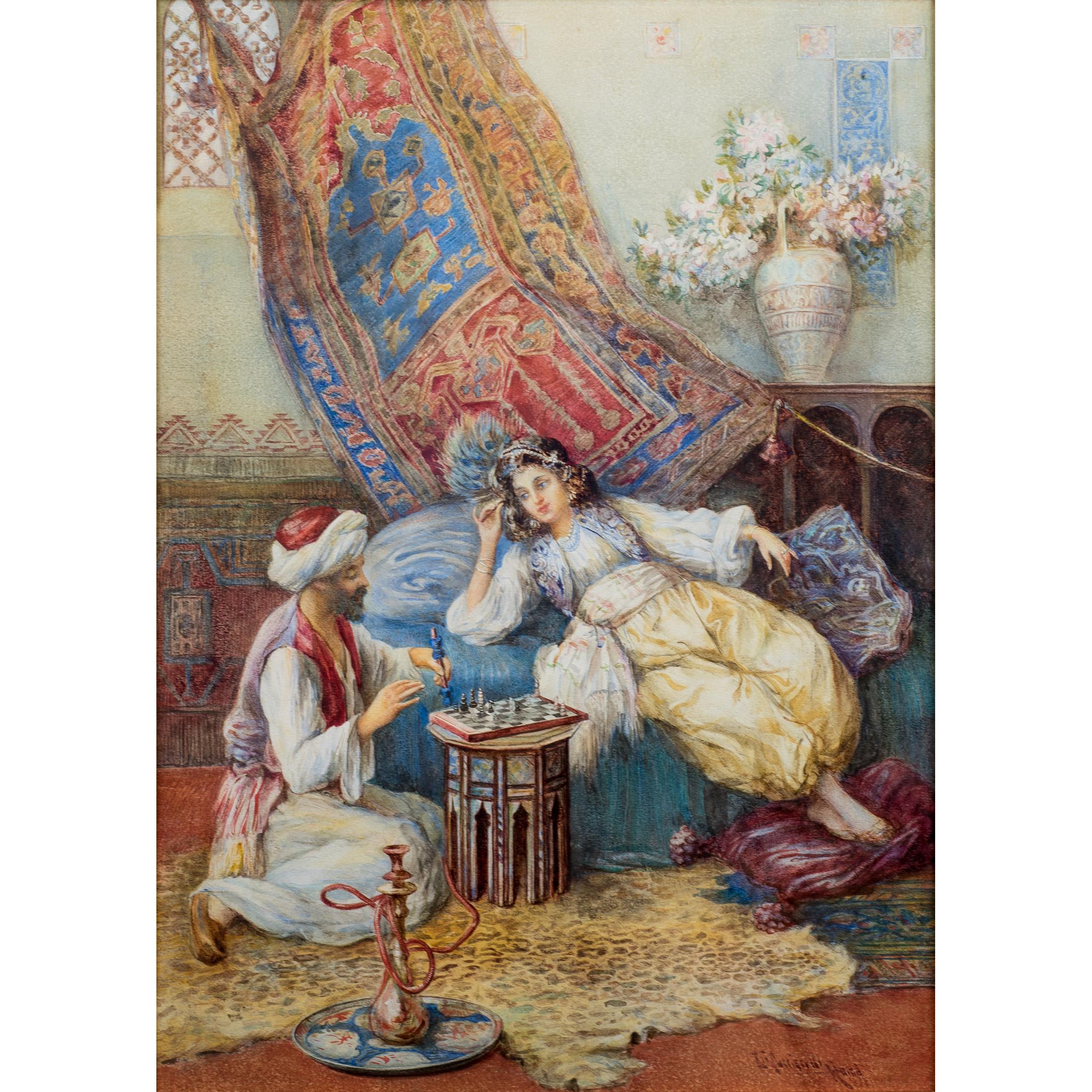 Umberto Cacciarelli Portrait Painting - Fine Orientalist Painting of a Couple Playing Chess by Cacciarelli 