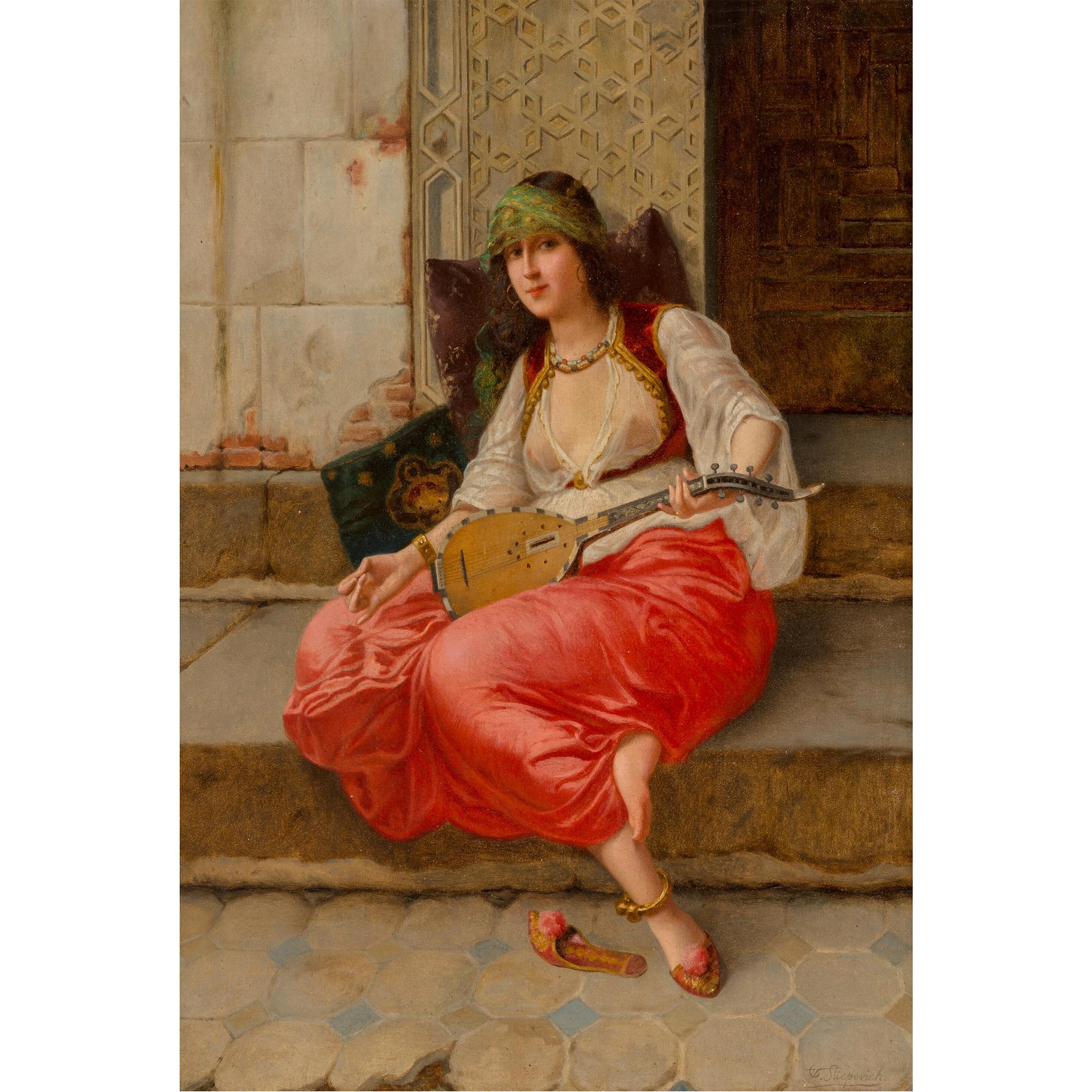 Vincent G. Stiepevich Portrait Painting - A Fine Stiepevich Orientalist Painting of a Harem Girl with a Lute