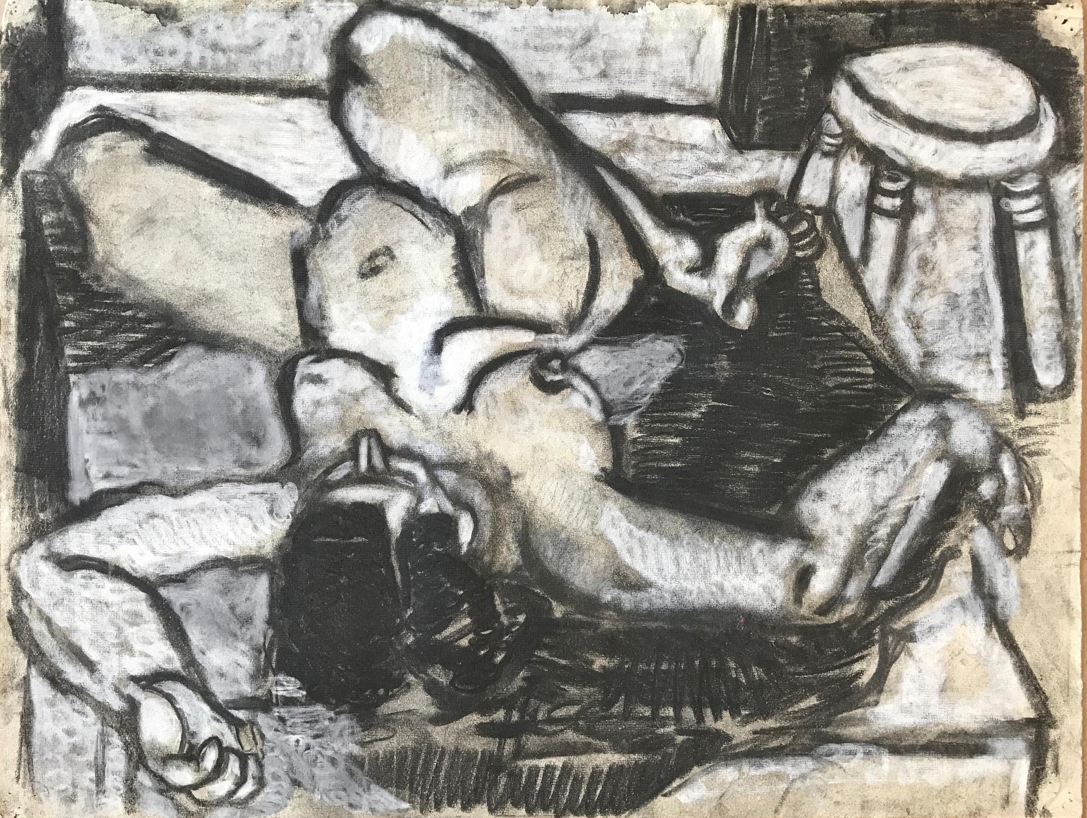 John Henry Bowers Figurative Art - "Draped Hair" 1940s Charcoal Drawing Female Nude Bay Area Artist