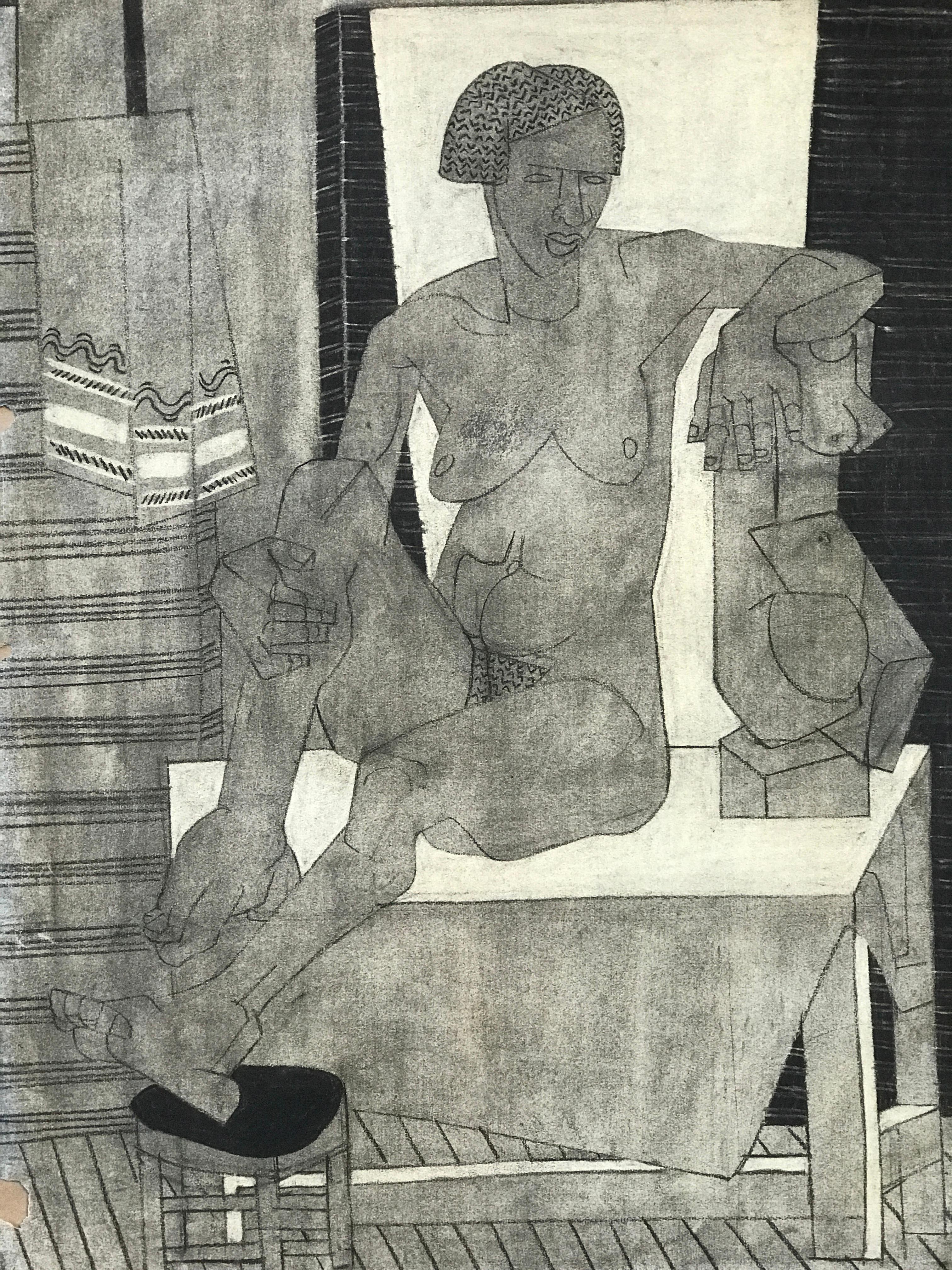 Unknown Figurative Art - 1929 Charcoal Female Nude Drawing with Cubist Sculpture