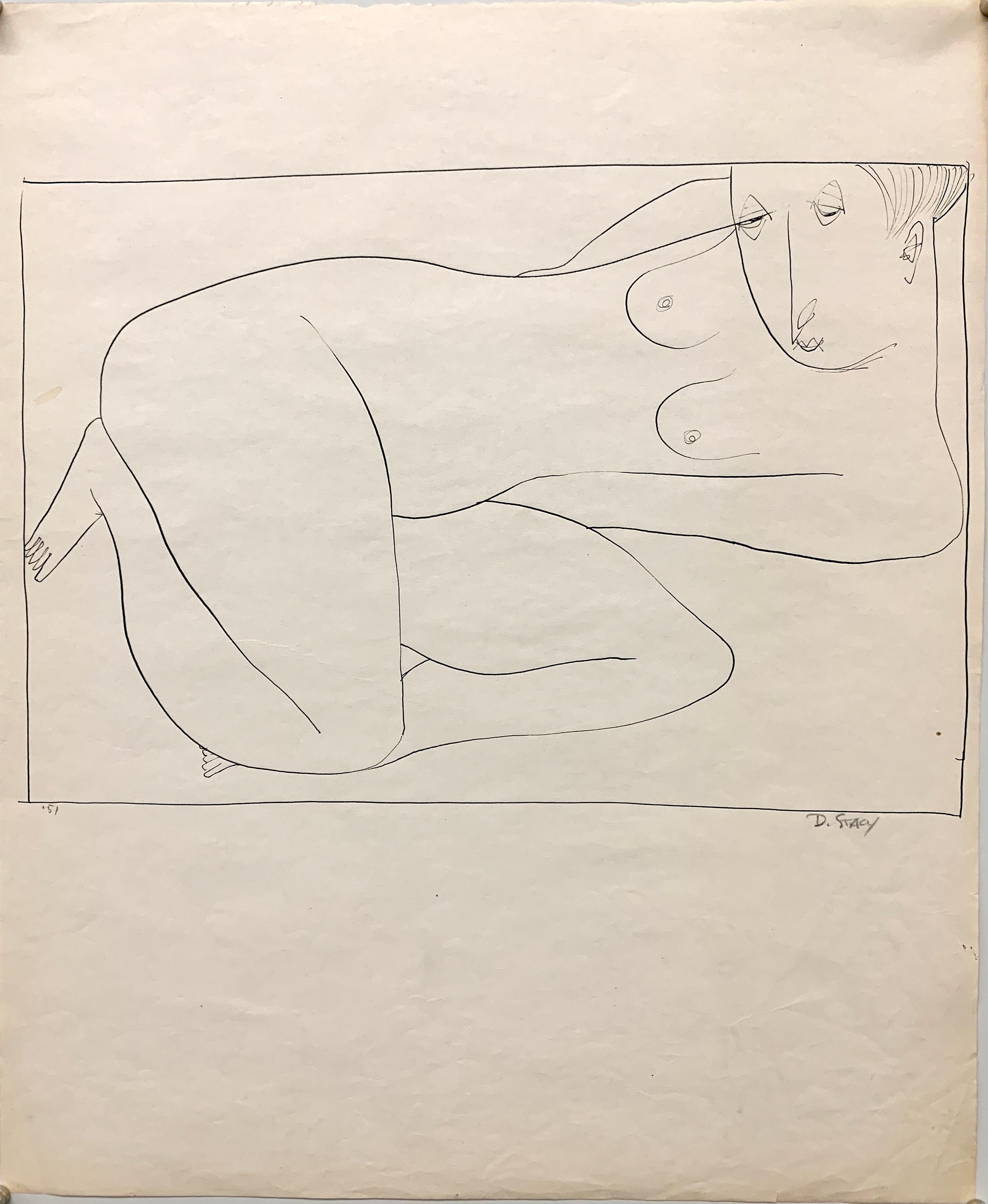 Donald Stacy Figurative Art - 1951 "Boxed In" Modernist Ink Line Drawing NYC Artist 