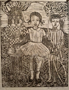 1960 Linocut "Three Girls Playing" Margaret Burroughs b.1915