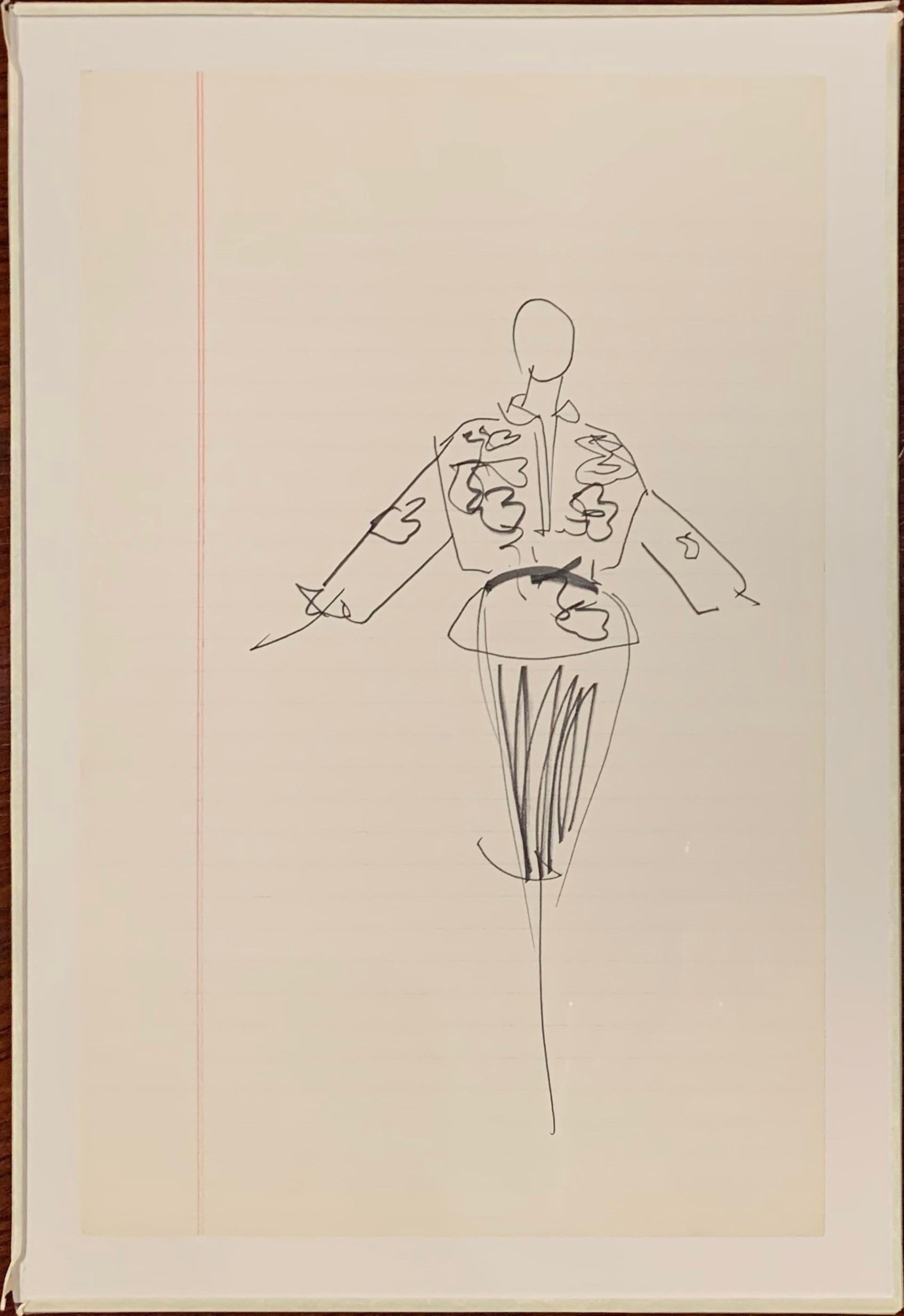 Ink sketch by iconic fashion designer, Halston. 
Each ink sketch under plexi-glass for preservation done on legal note paper, Halston's preferred medium for his initial ideas. 
UNFRAMED-  Sketch under Plexi-glass (as is) included
Paper Size 12" x 8"