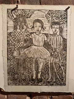 1960 Linocut "Three Girls Playing" Margaret Burroughs b.1915