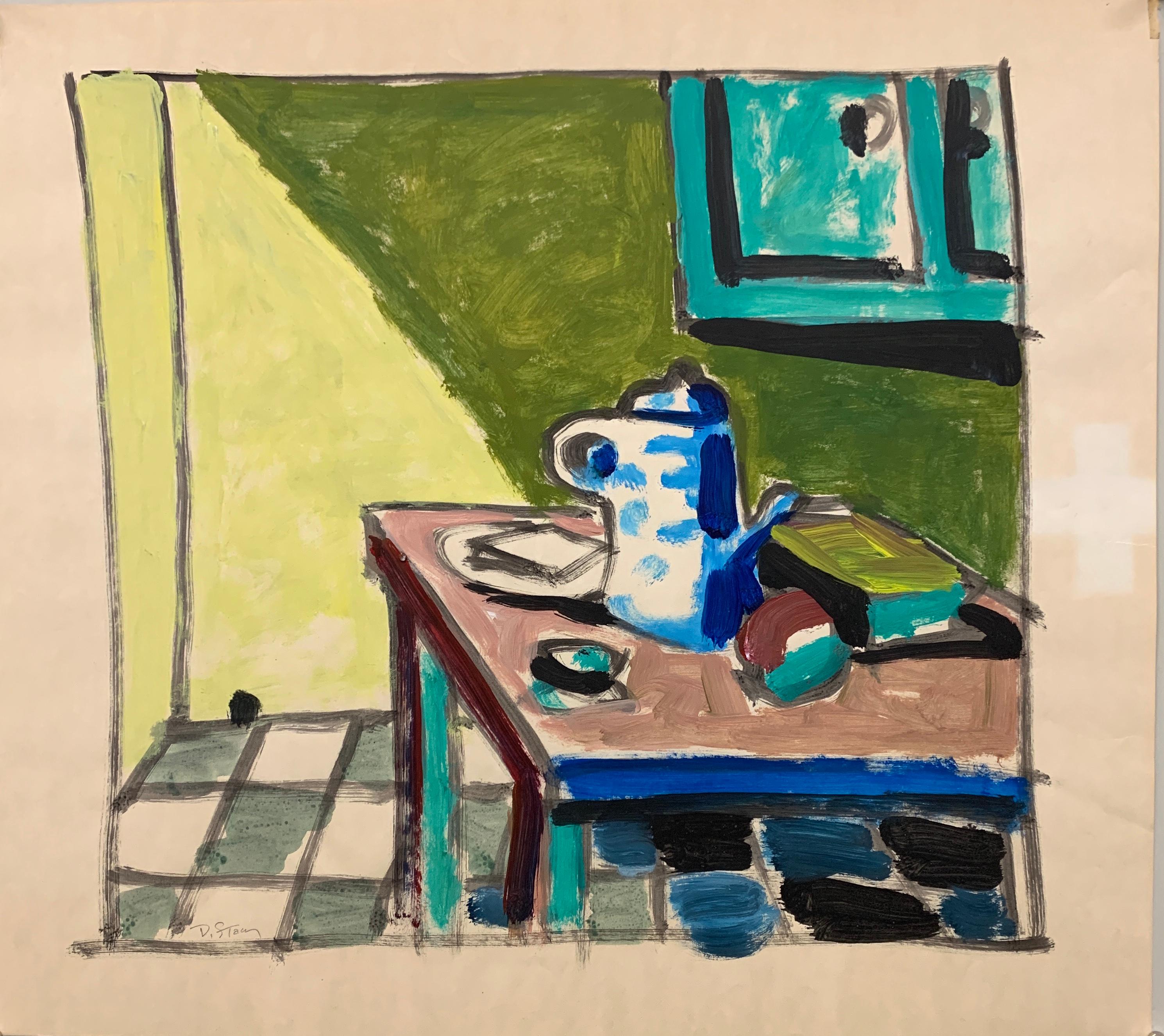 Donald Stacy Landscape Painting - 1950s "Mouse Hole Kitchen Still Life" Mid Century Painting University of Paris 