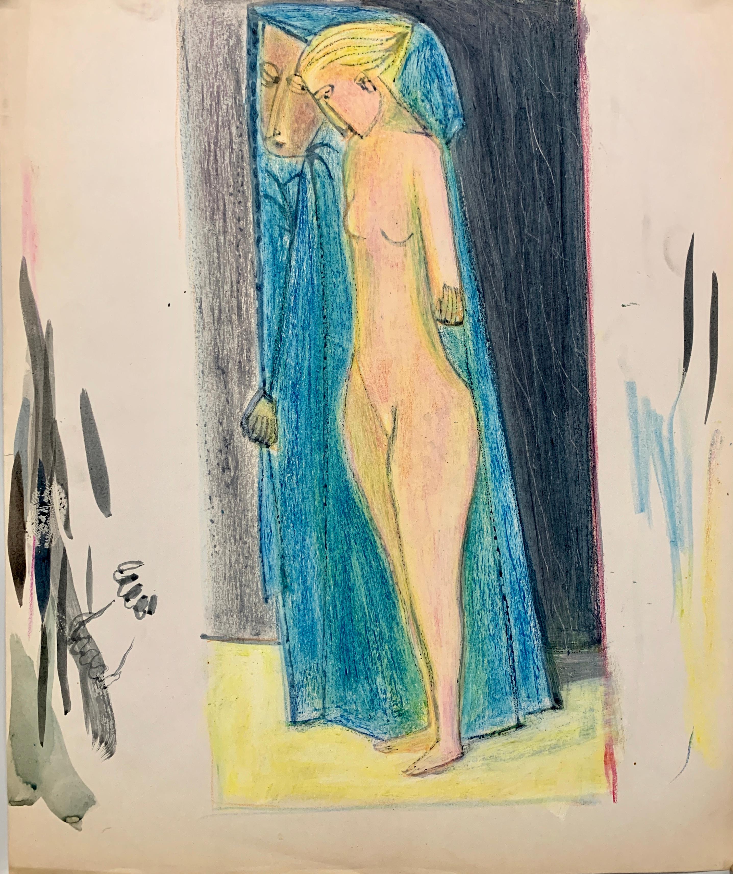 Donald Stacy Nude - 1950s "Mirror In the Bathroom" Pastel and Gouache Drawing Museum of Modern Art 