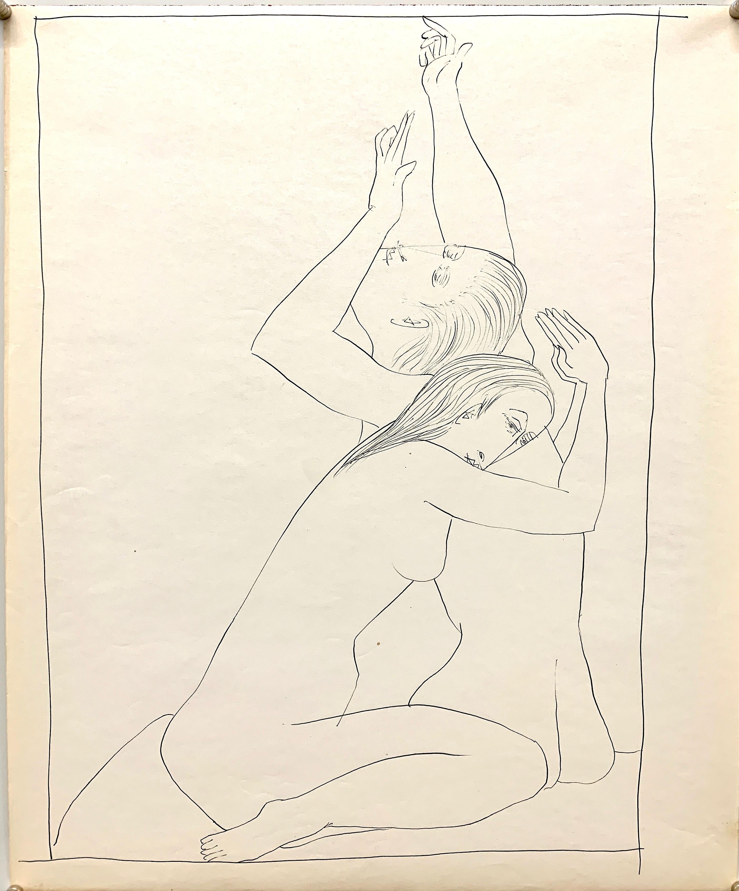 Donald Stacy Nude - 1950s "Reaching and Praying" Modernist Figurative Ink Line Drawing NYC Artist 