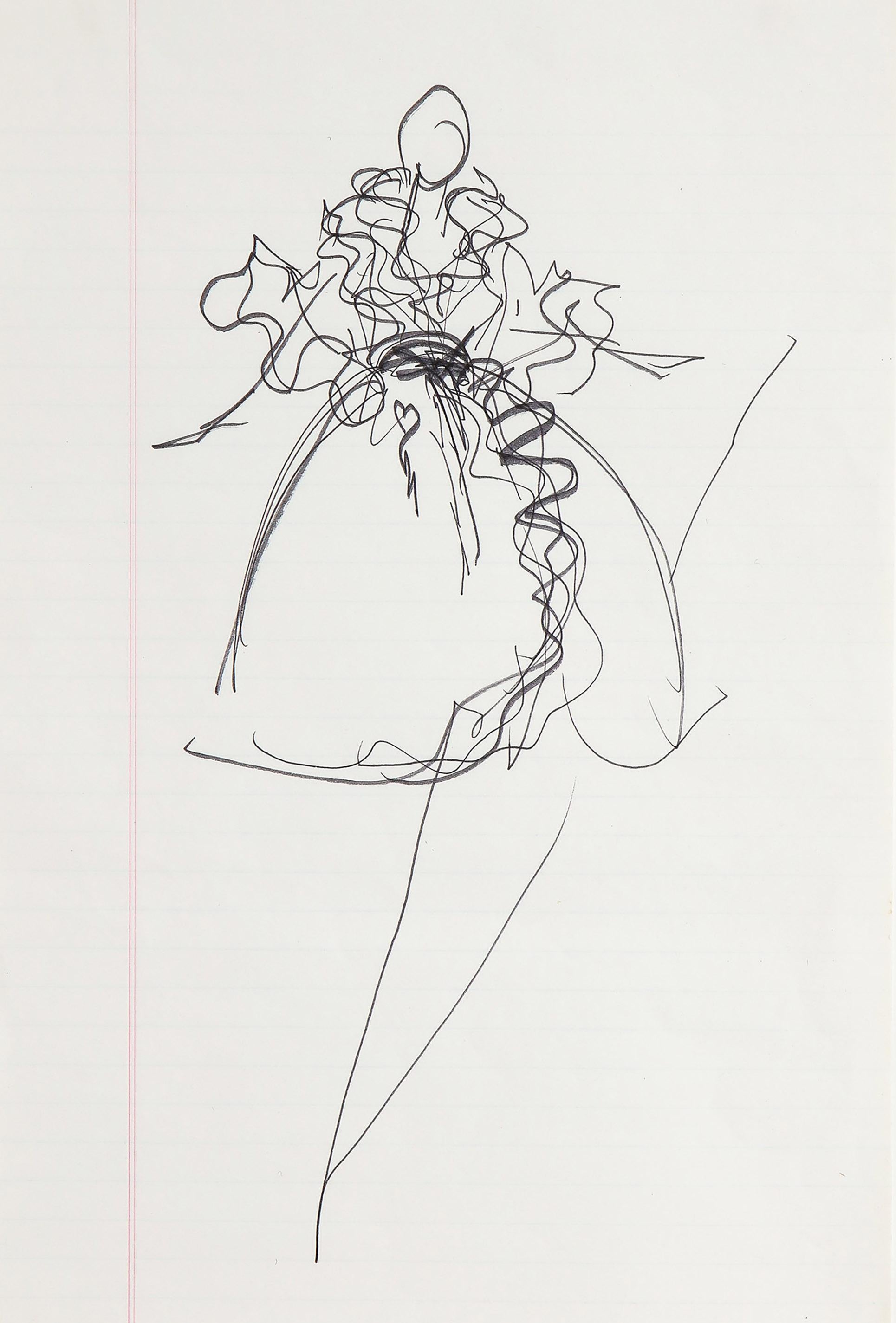 Ink sketch by iconic fashion designer, Halston. 
Ink sketch done on legal note paper, his preferred medium for his initial ideas. 
Paper Size 12