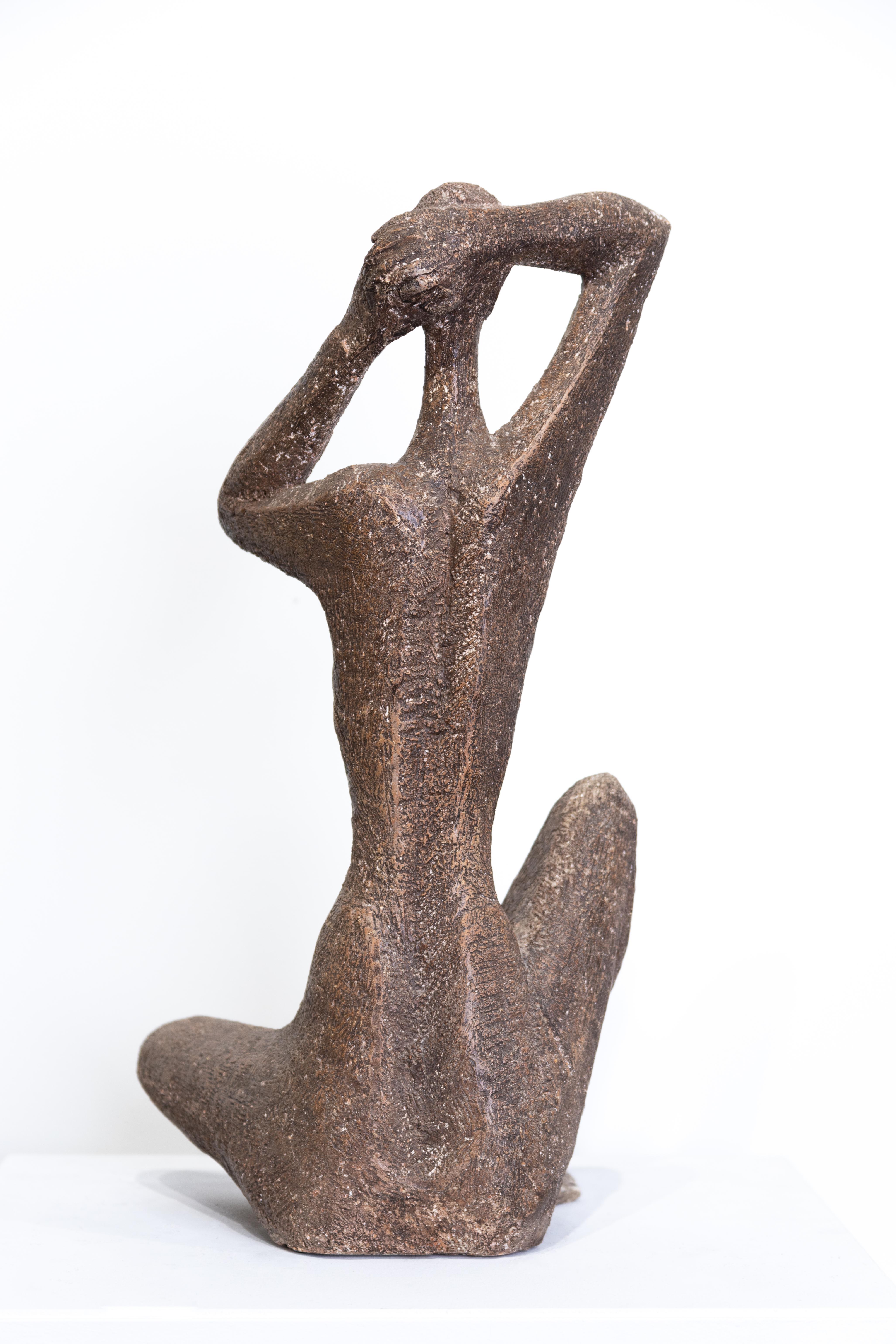 SALE ONE WEEK ONLY

“Contemplation” is an abstract clay sculpture of a female. The figure has both arms and legs extended, but the dignified pose suggests an intimate rather than a sexual moment. The sculpture is delicately rendered, but monumental